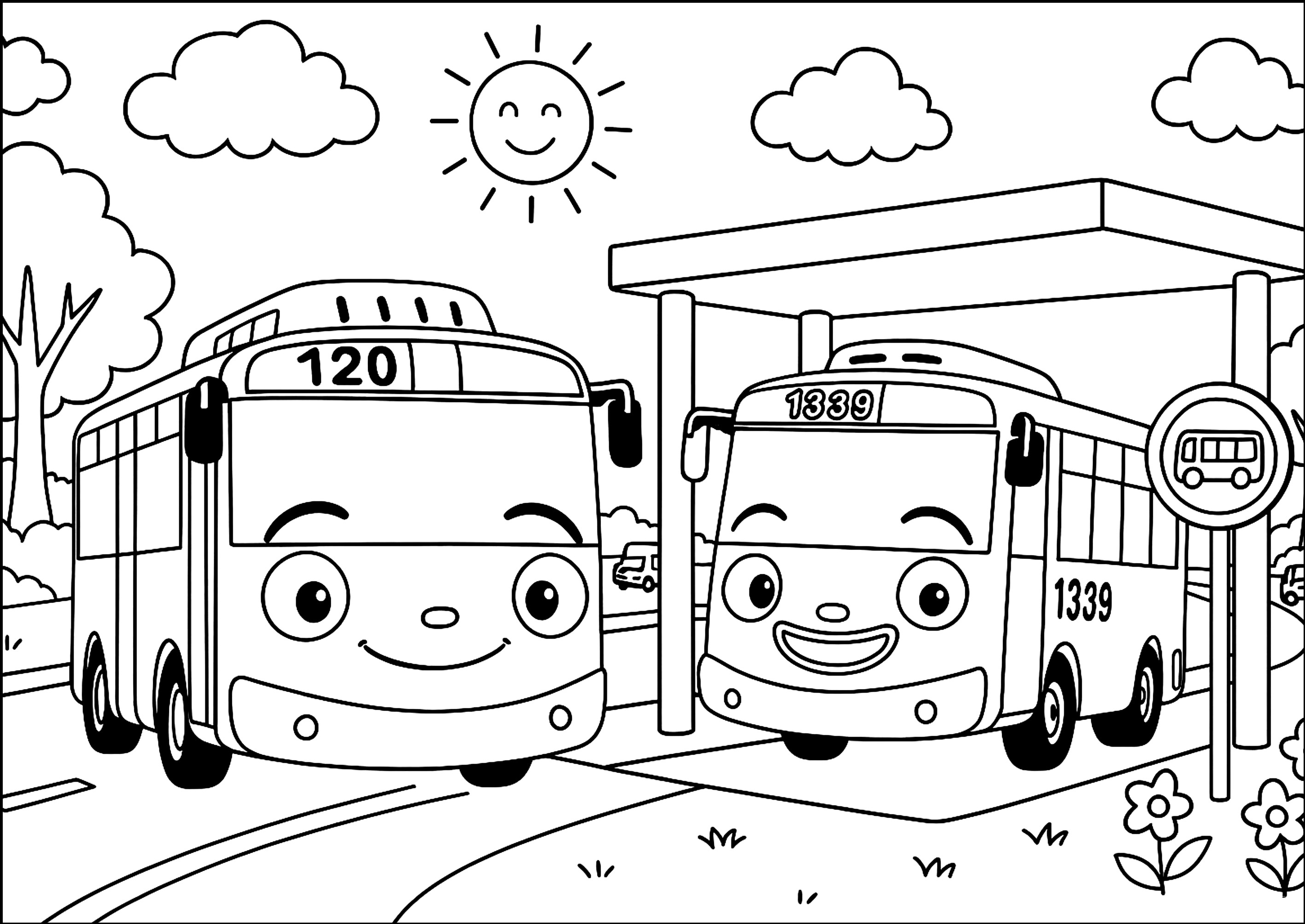 Fröhlicher Tag für zwei hübsche Busse (Ausmalbild von Tayo der kleine Bus zum Ausdrucken und Ausmalen für Kinder)