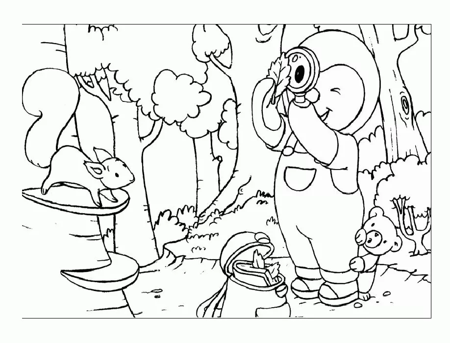 T'choupi und Doudou im Wald (Ausmalbild von Tchoupi zum Ausdrucken und Ausmalen für Kinder)