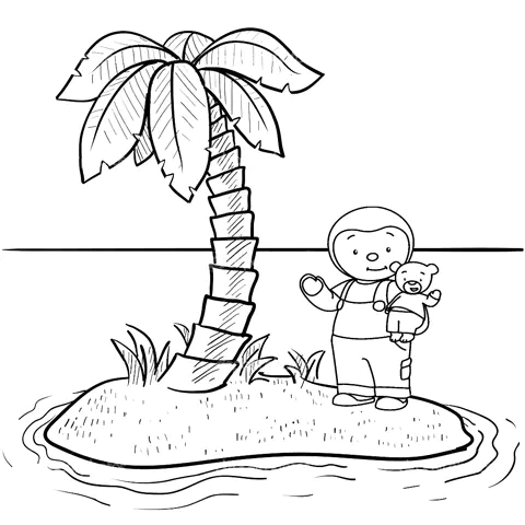 T'choupi auf einer einsamen Insel (Ausmalbild von Tchoupi zum Ausdrucken und Ausmalen für Kinder)