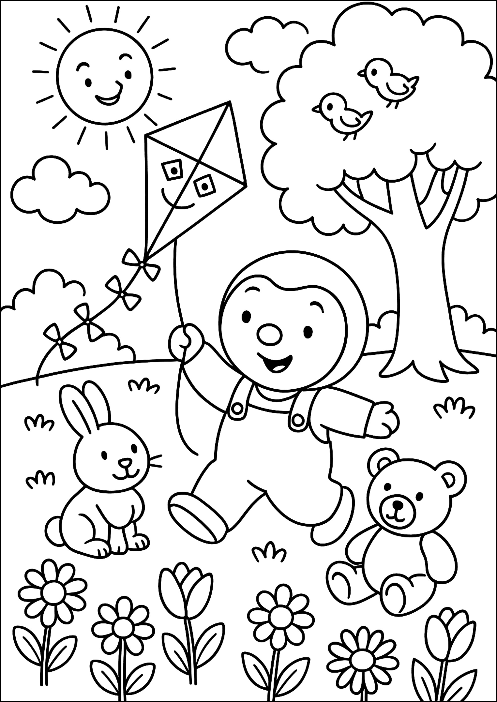 Zauber eines Tages im Freien (Ausmalbild von Tchoupi zum Ausdrucken und Ausmalen für Kinder)