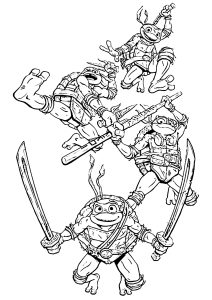 Vier Schildkröten kommen vom Himmel herab. (Ausmalbild von Teenage Mutant Ninja Turtles)