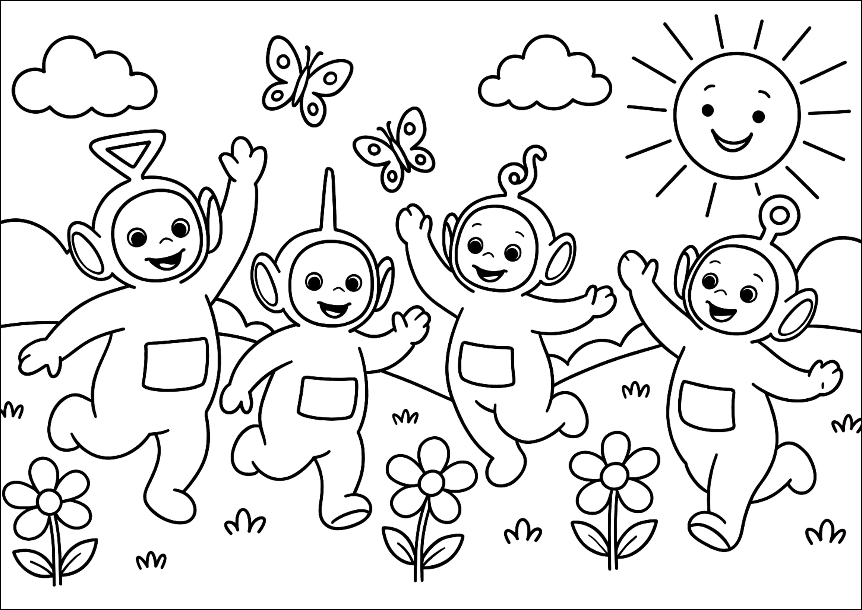 Fröhliches Abenteuer (Ausmalbild von Teletubbies zum Ausdrucken und Ausmalen für Kinder)