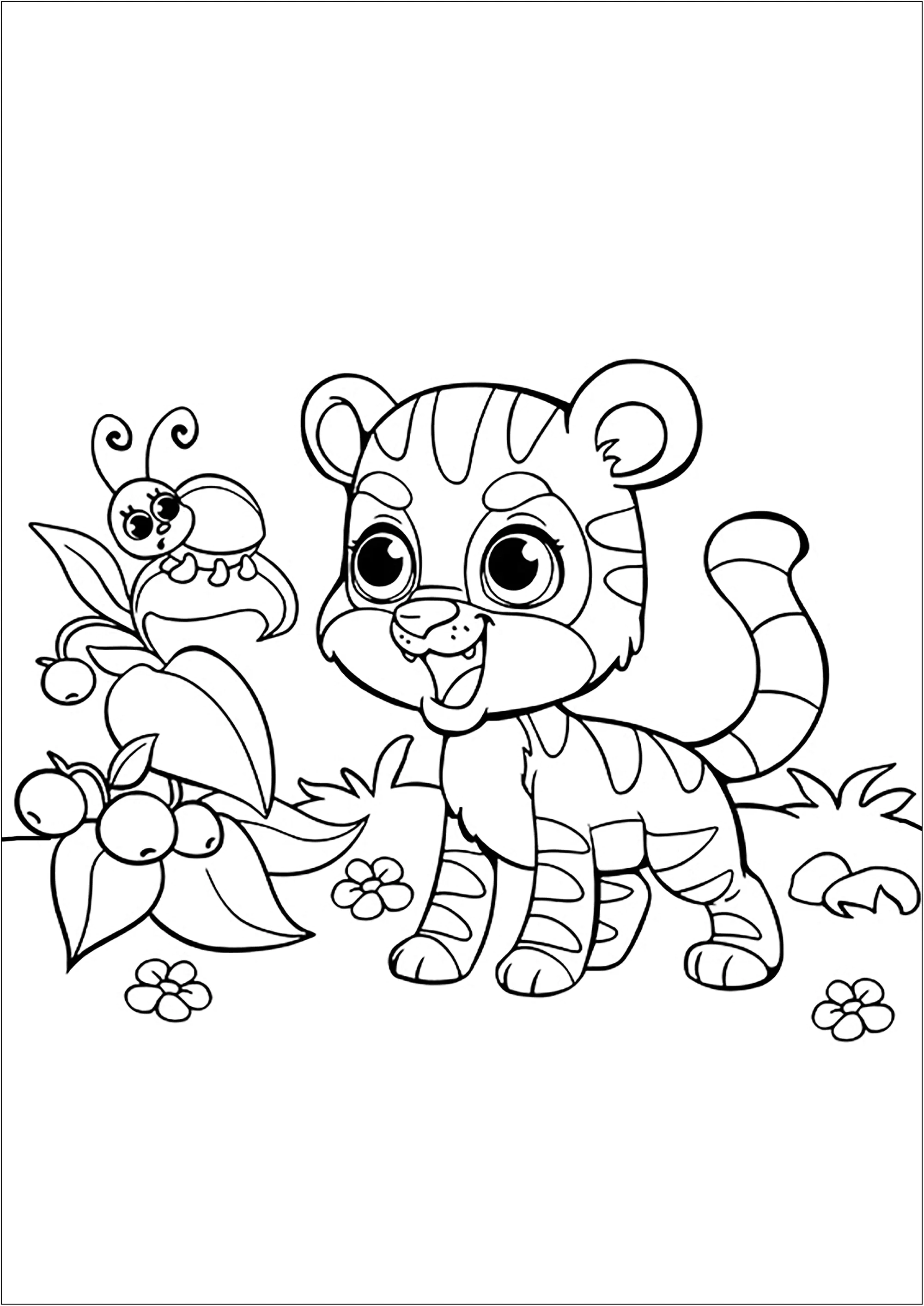 Niedlicher Tiger und kleiner Marienkäfer. (Ausmalbild zum Ausdrucken und Ausmalen für Kinder)