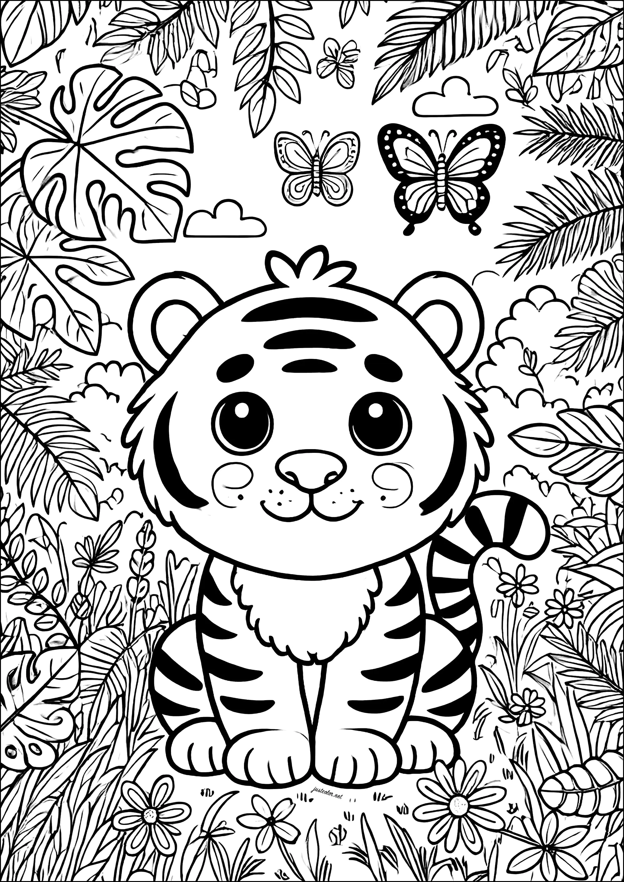 Junger Tiger im Wald (Ausmalbild zum Ausdrucken und Ausmalen für Kinder)