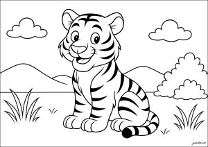 Süßer Tiger in der Savanne (Ausmalbild)