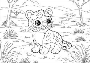Hübscher kleiner Tiger in der Savanne (Ausmalbild)