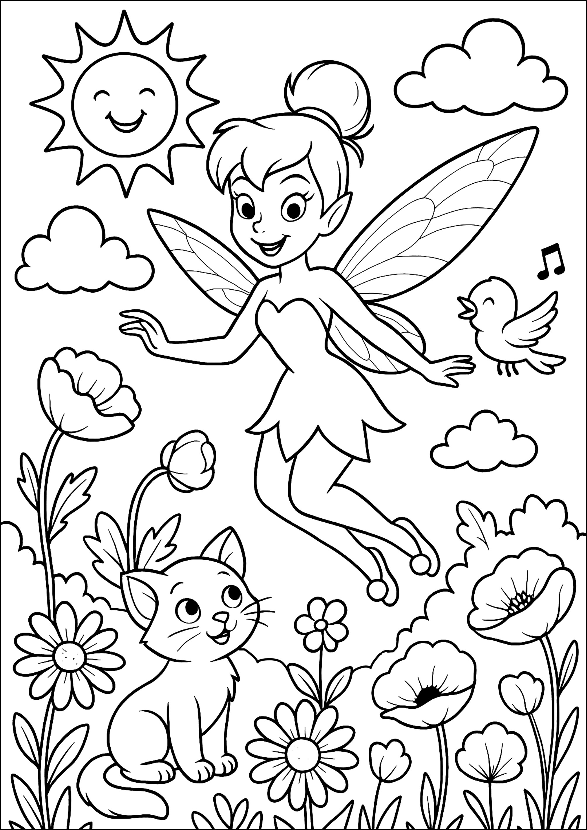 Fröhliche Fee in einem verzauberten Garten (Ausmalbild von Tinkerbell zum Ausdrucken und Ausmalen für Kinder)