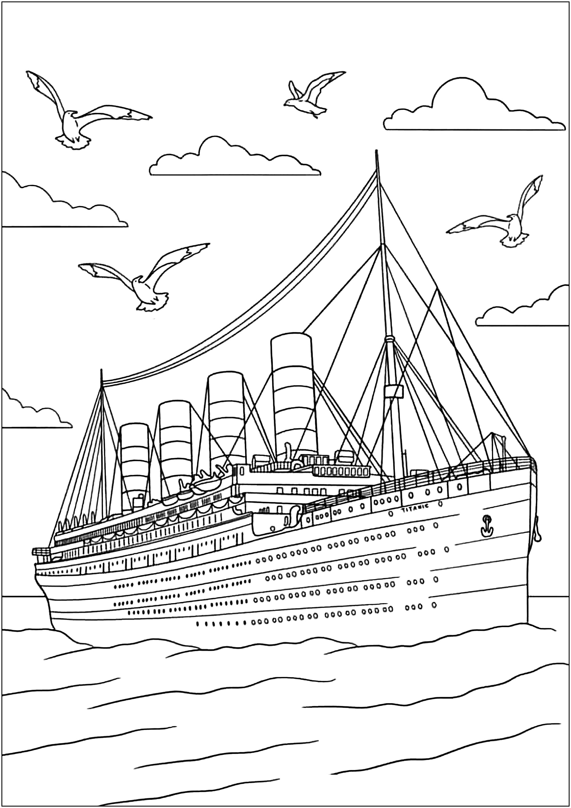 Wunderschöne, sehr detaillierte Zeichnung der Titanic. (Ausmalbild zum Ausdrucken und Ausmalen für Kinder)
