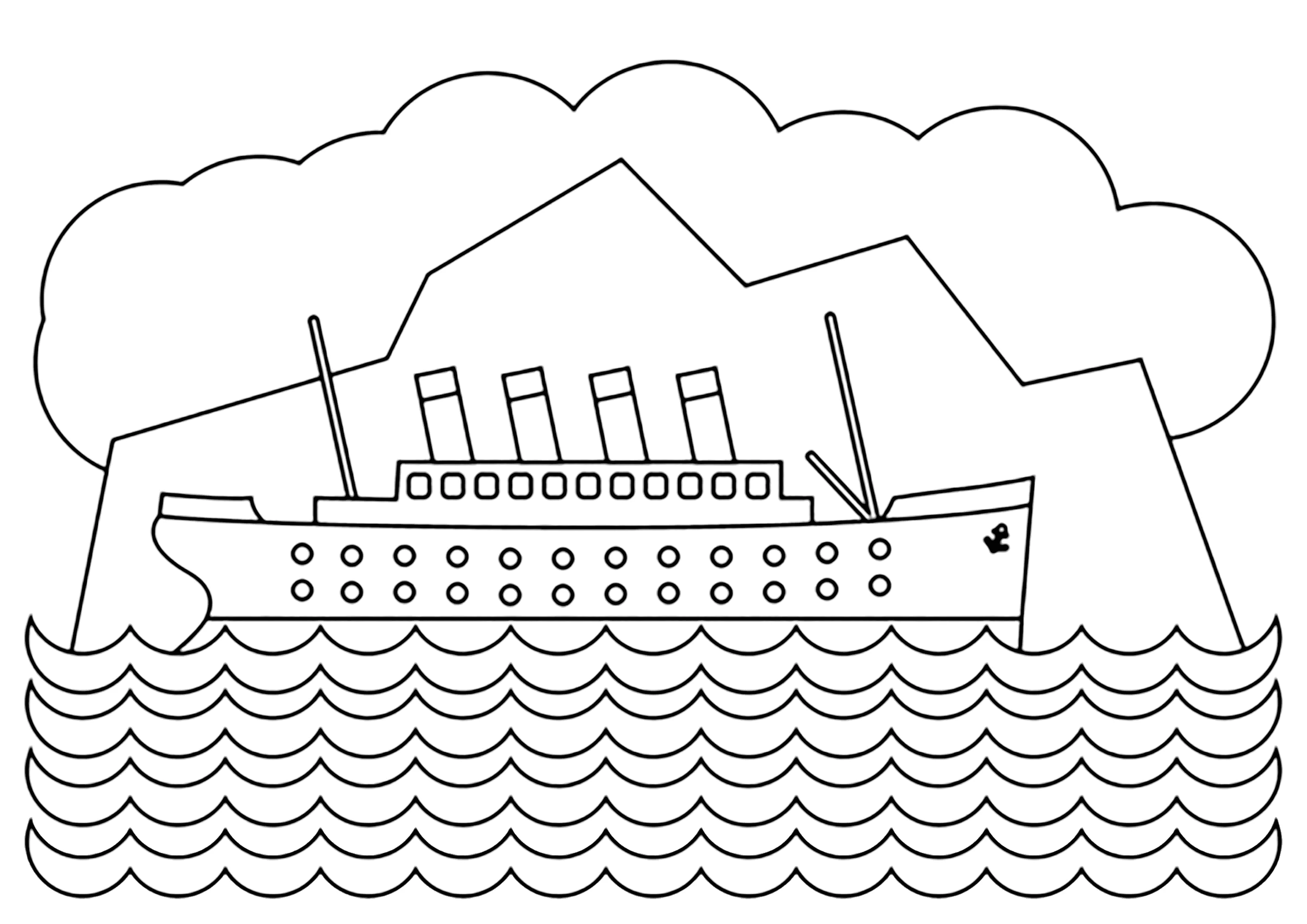 Titanic: Einfache Zeichnung (Ausmalbild zum Ausdrucken und Ausmalen für Kinder)