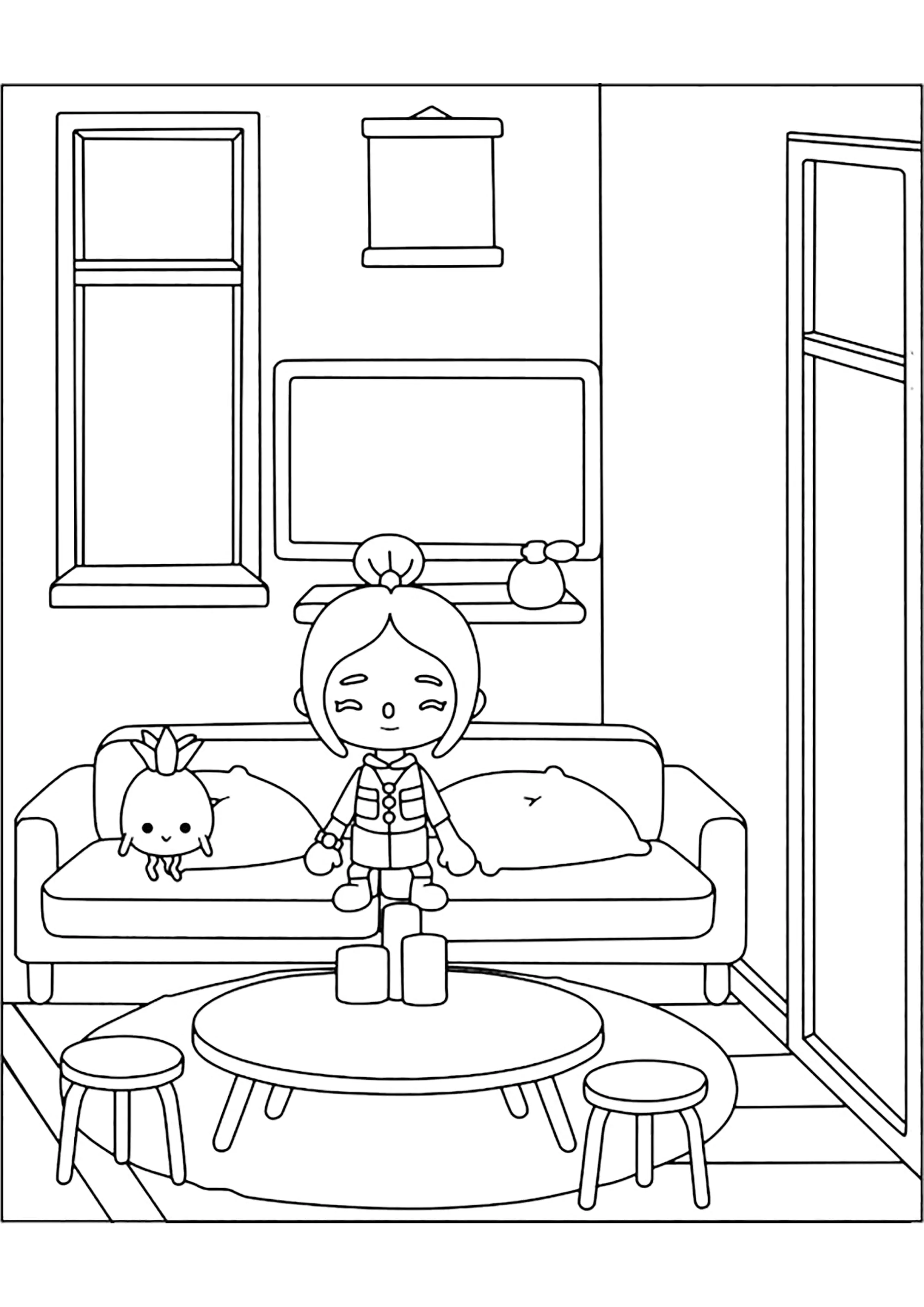 Im Wohnzimmer (Ausmalbild von Toca Boca zum Ausdrucken und Ausmalen für Kinder)