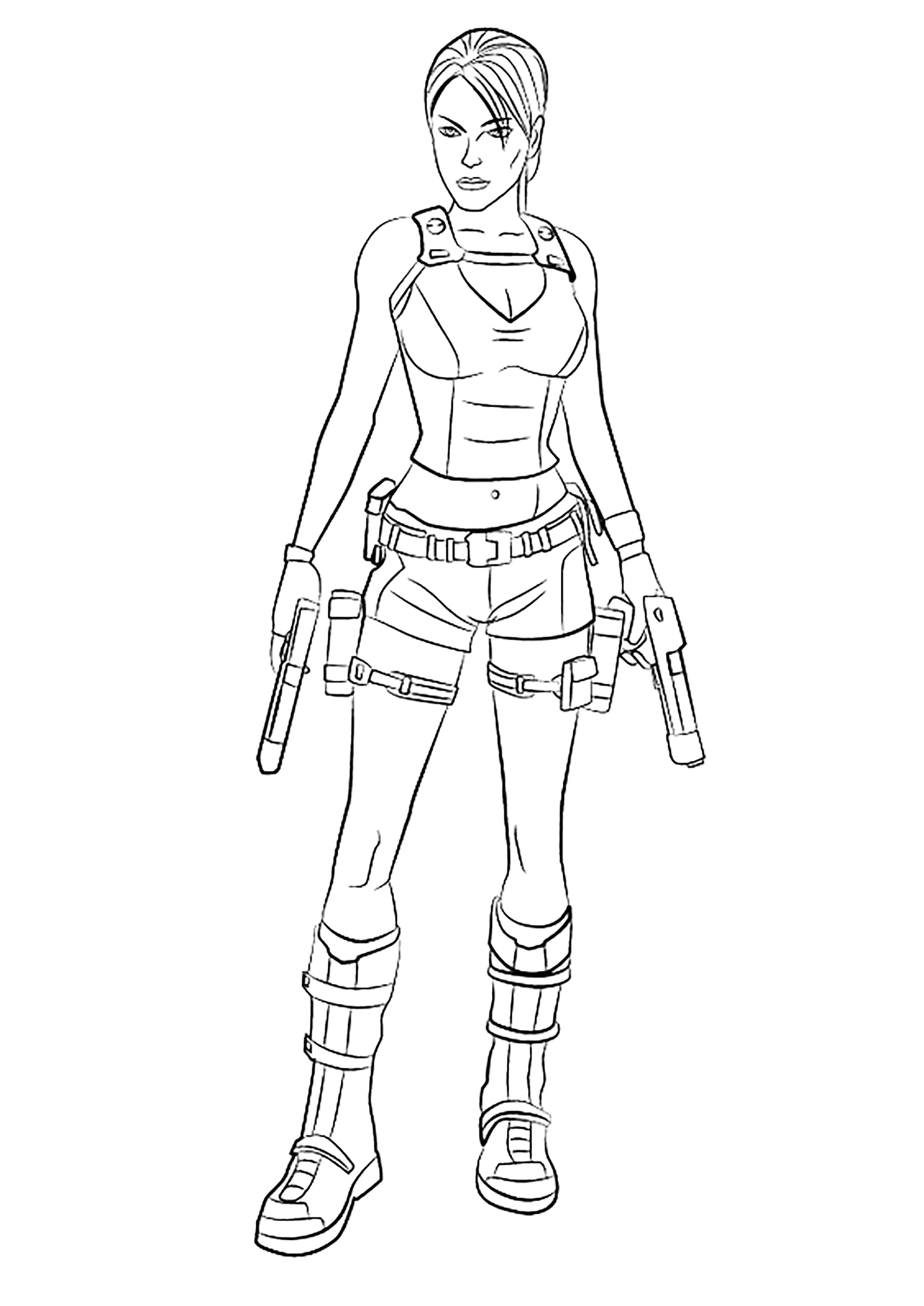 Lara Croft steht auf. (Ausmalbild von Tomb Raider zum Ausdrucken und Ausmalen für Kinder)