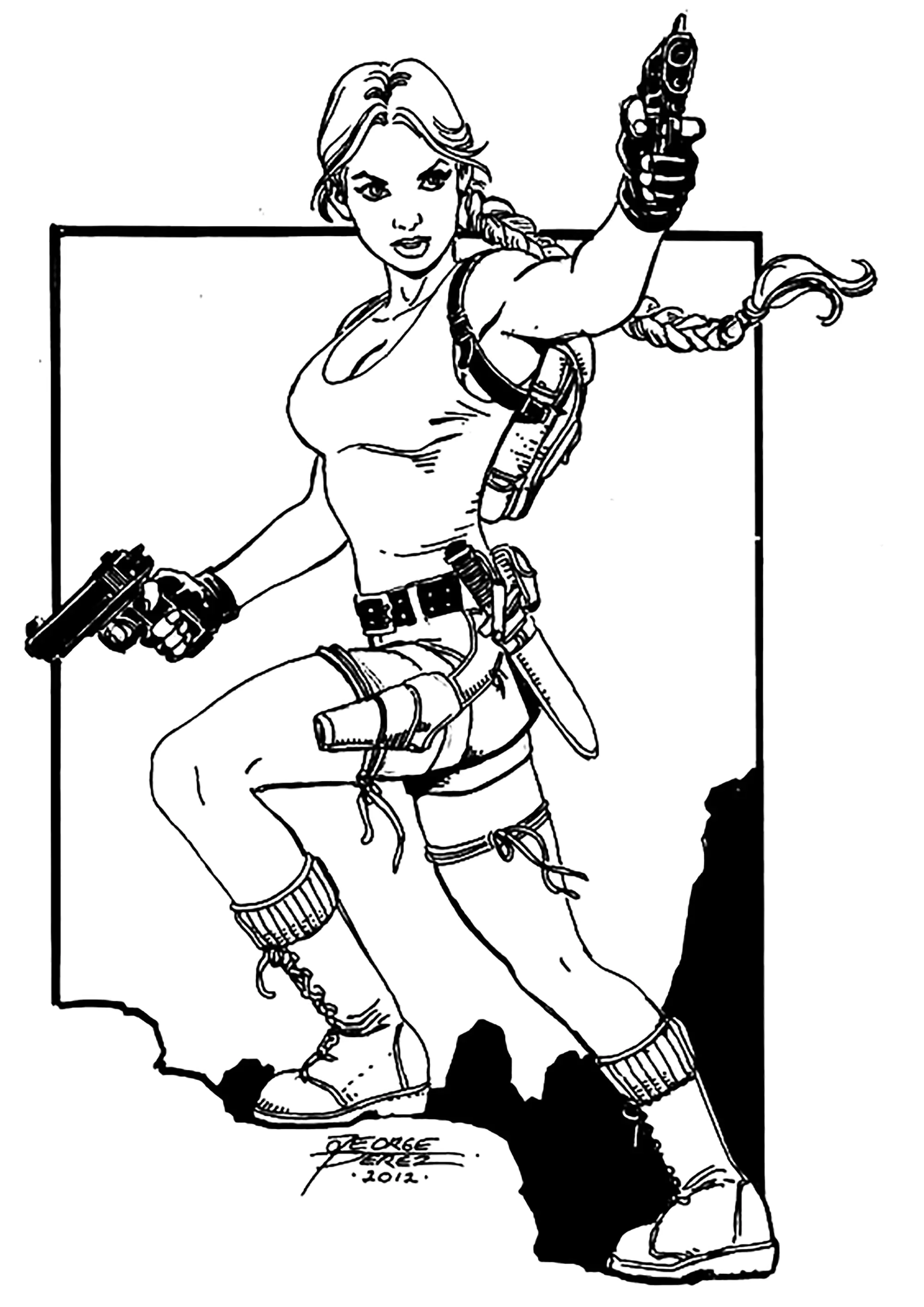 Lara Croft und ihre beiden Pistolen, bereit für die Aktion. (Ausmalbild von Tomb Raider zum Ausdrucken und Ausmalen für Kinder)