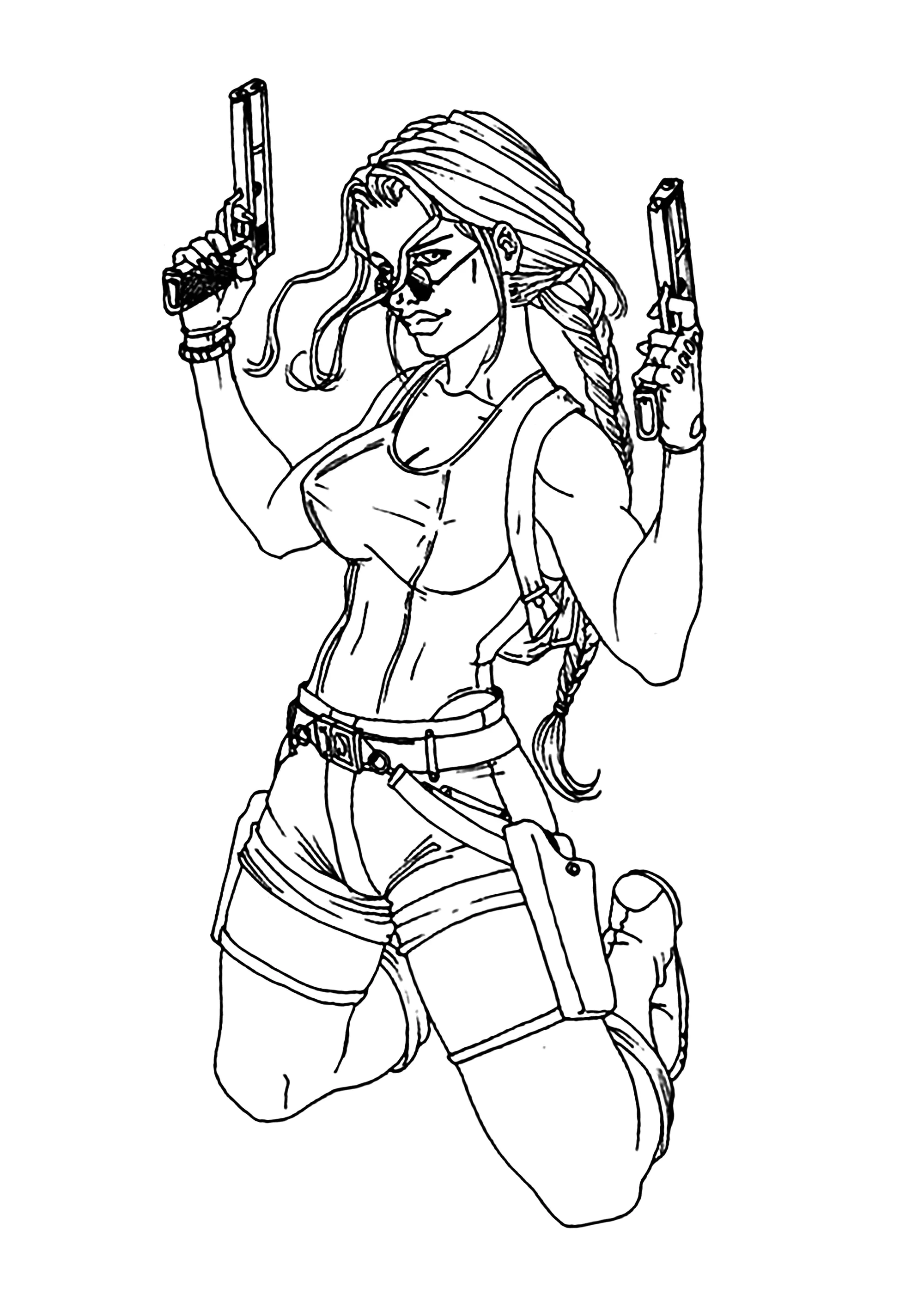 Lara Croft und ihre beiden Pistolen. (Ausmalbild von Tomb Raider zum Ausdrucken und Ausmalen für Kinder)
