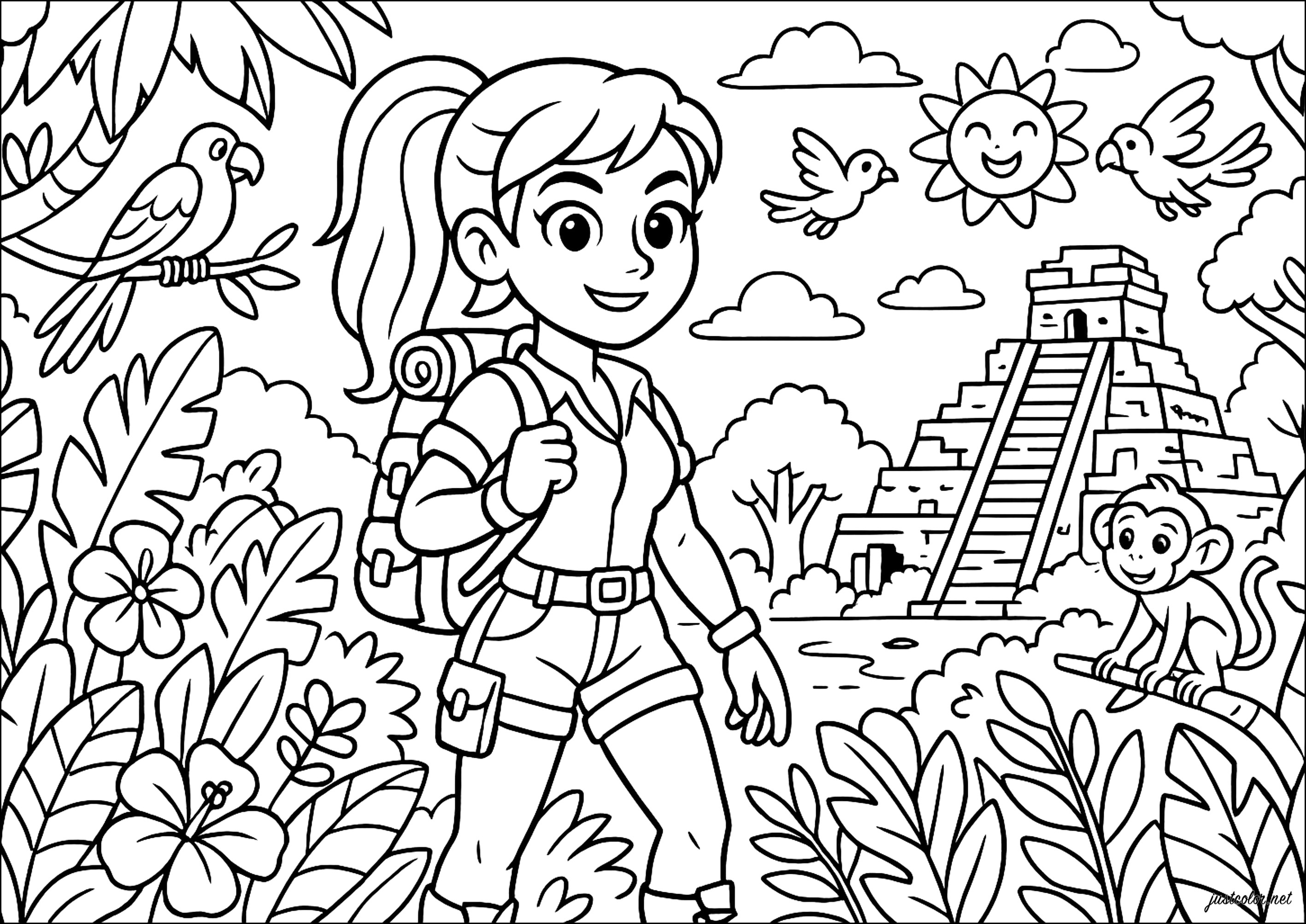 Abenteuer im geheimnisvollen Dschungel (Ausmalbild von Tomb Raider zum Ausdrucken und Ausmalen für Kinder)