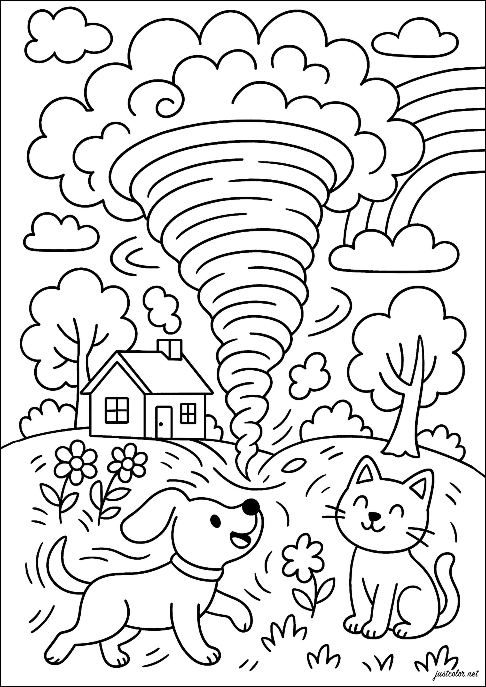 Der Tornado und die kleinen Tiere (Ausmalbild zum Ausdrucken und Ausmalen für Kinder)
