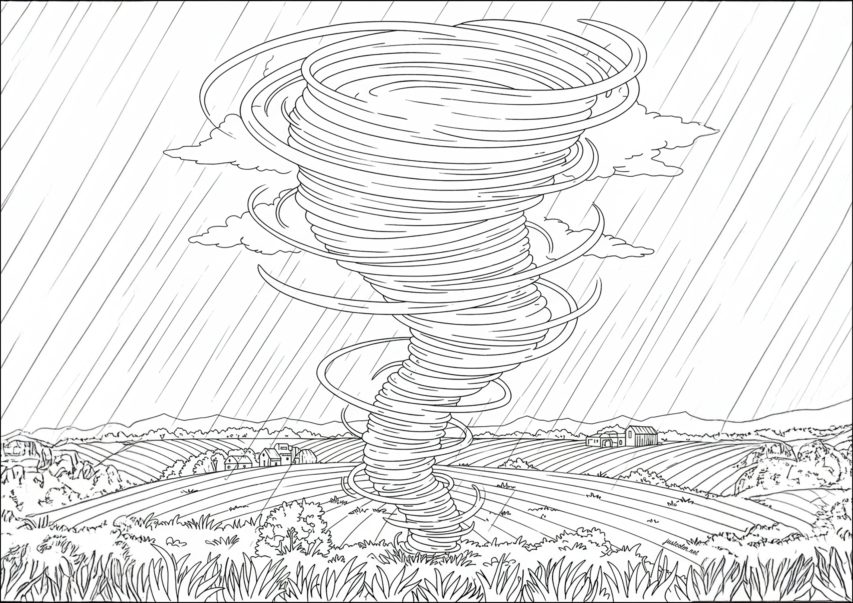 Ein riesiger Tornado sorgt für Chaos (Ausmalbild zum Ausdrucken und Ausmalen für Kinder)