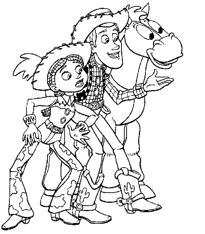 Woody mit Jessie und ihrem Pferd Pile-Poil (Ausmalbild von Toy Story zum Ausdrucken und Ausmalen für Kinder)