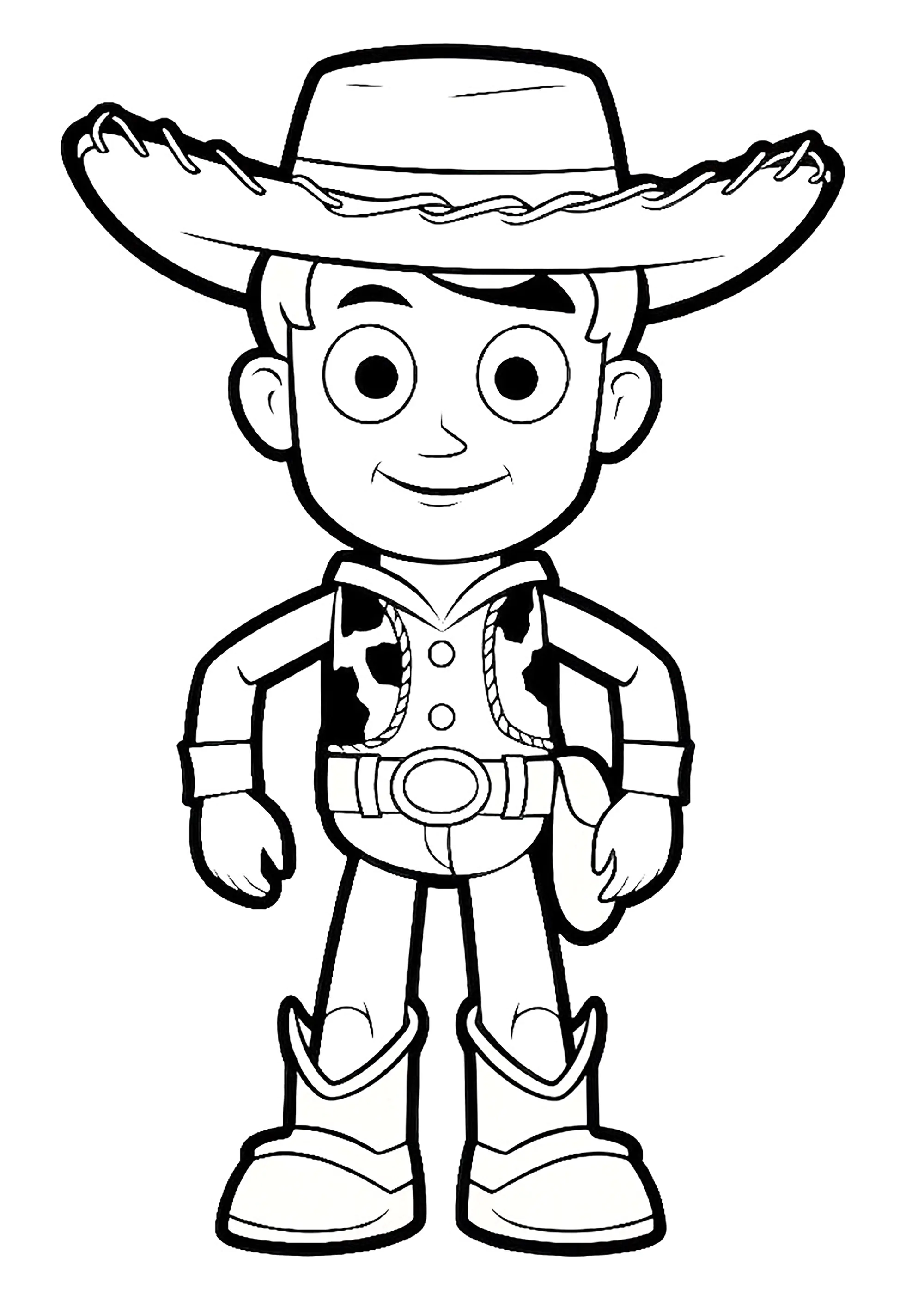 Woody ist in einem sehr kindlichen Stil gezeichnet. (Ausmalbild von Toy Story zum Ausdrucken und Ausmalen für Kinder)
