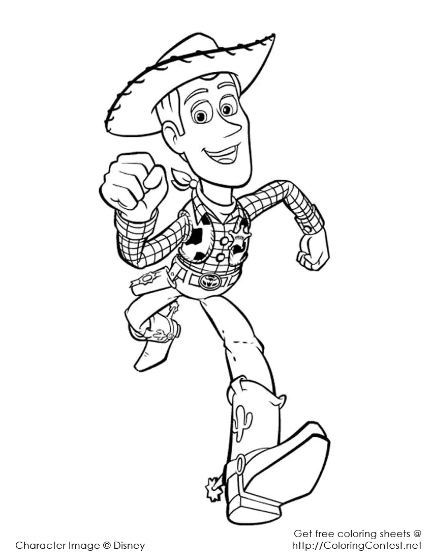 Woody rennt, Woody rennt! (Ausmalbild von Toy Story zum Ausdrucken und Ausmalen für Kinder)