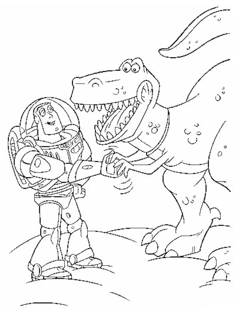 Buzz und der T-Rex (Ausmalbild von Toy Story zum Ausdrucken und Ausmalen für Kinder)