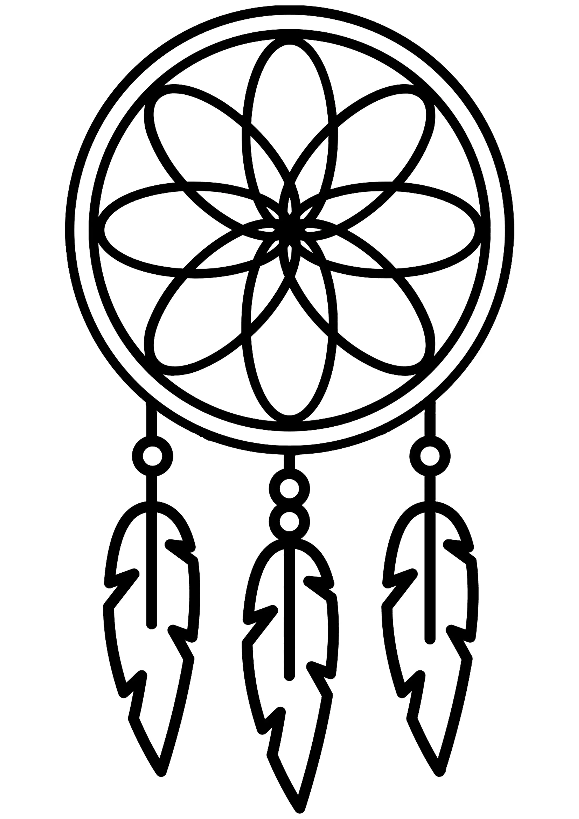 Traumfänger mit dicken Linien, sehr einfach. (Ausmalbild zum Ausdrucken und Ausmalen für Kinder)