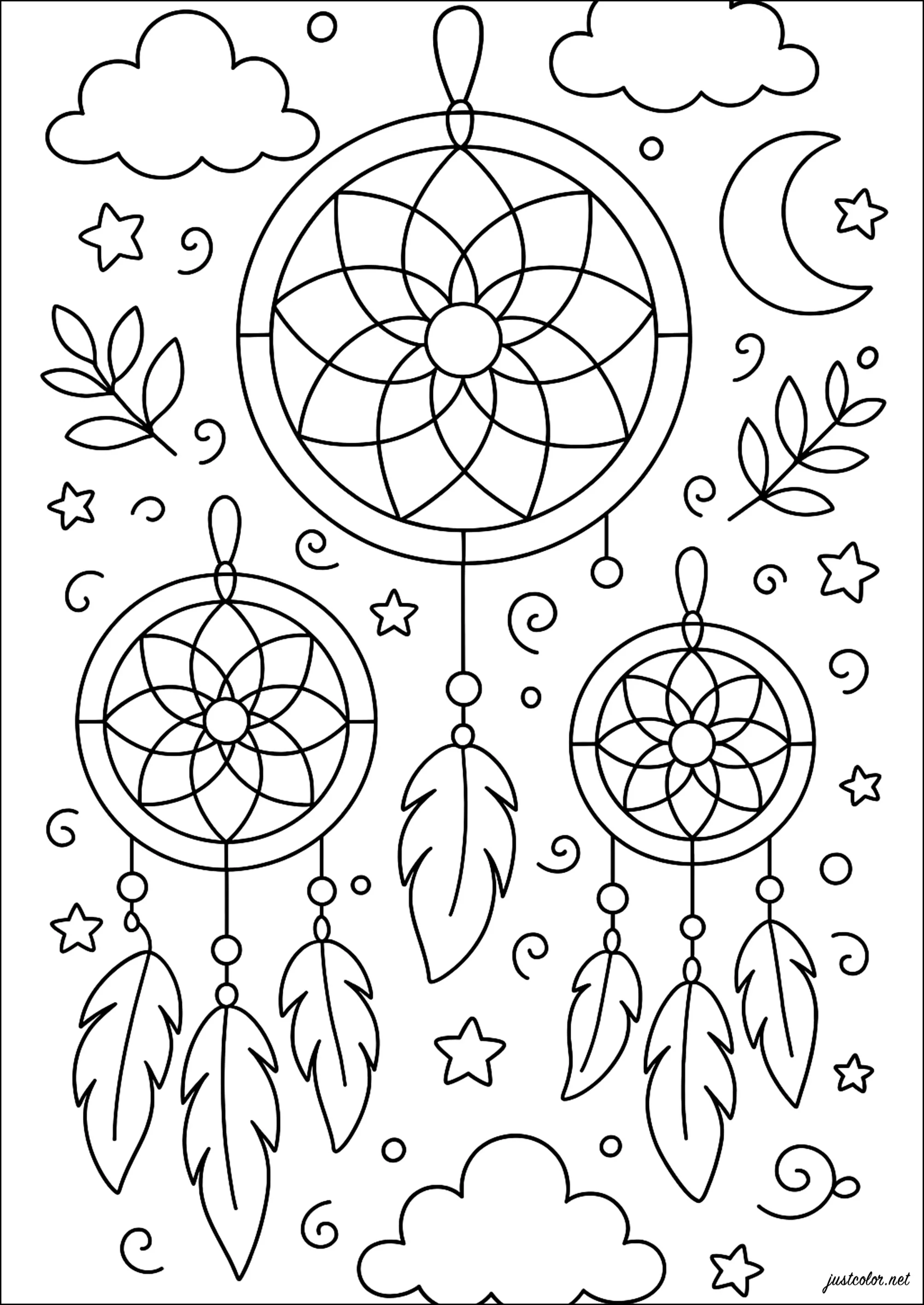 Traumfänger verzaubern unter dem Mond (Ausmalbild zum Ausdrucken und Ausmalen für Kinder)