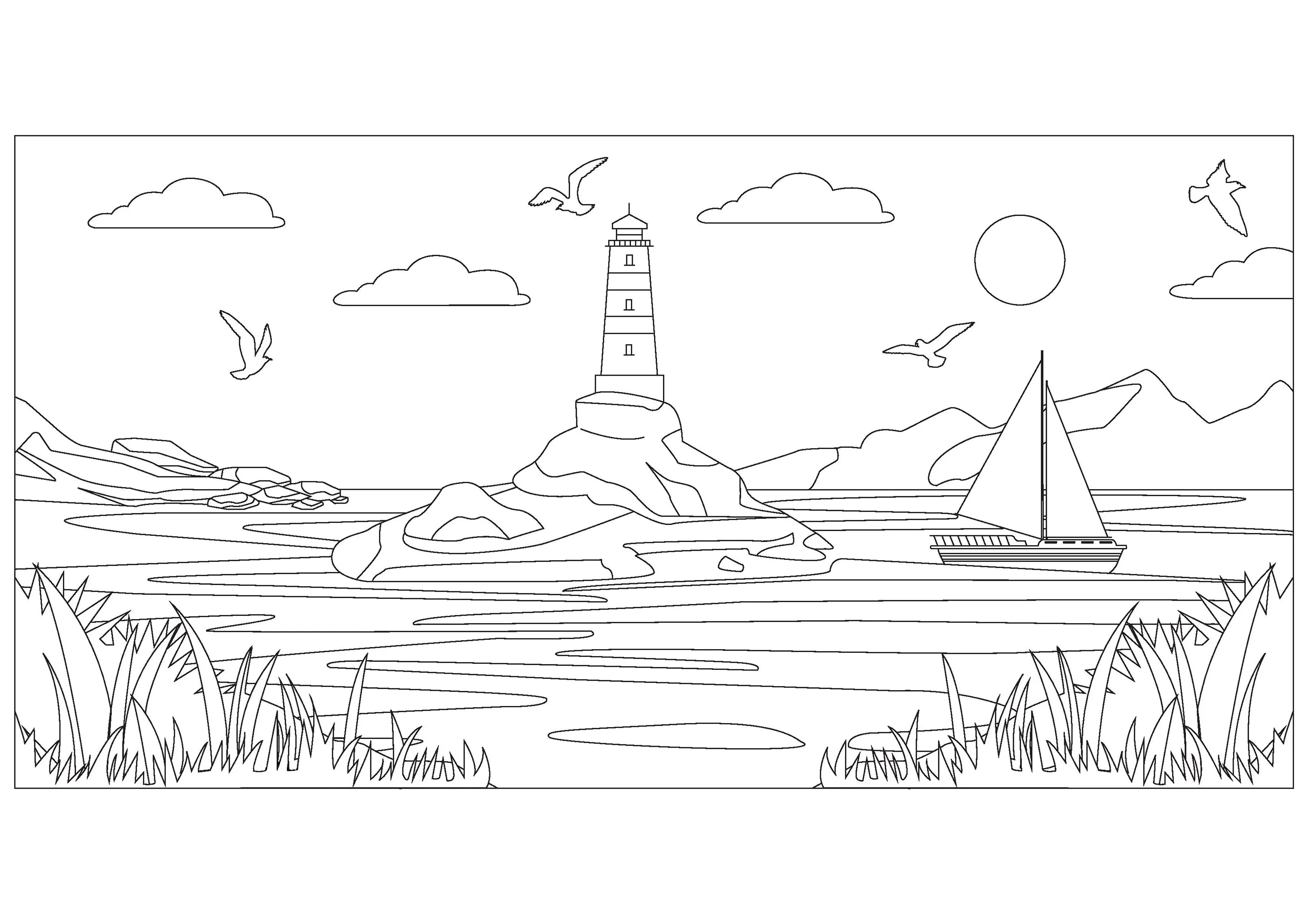 Seelandschaft mit Leuchtturm (Ausmalbild von Urlaub am Meer zum Ausdrucken und Ausmalen für Kinder)