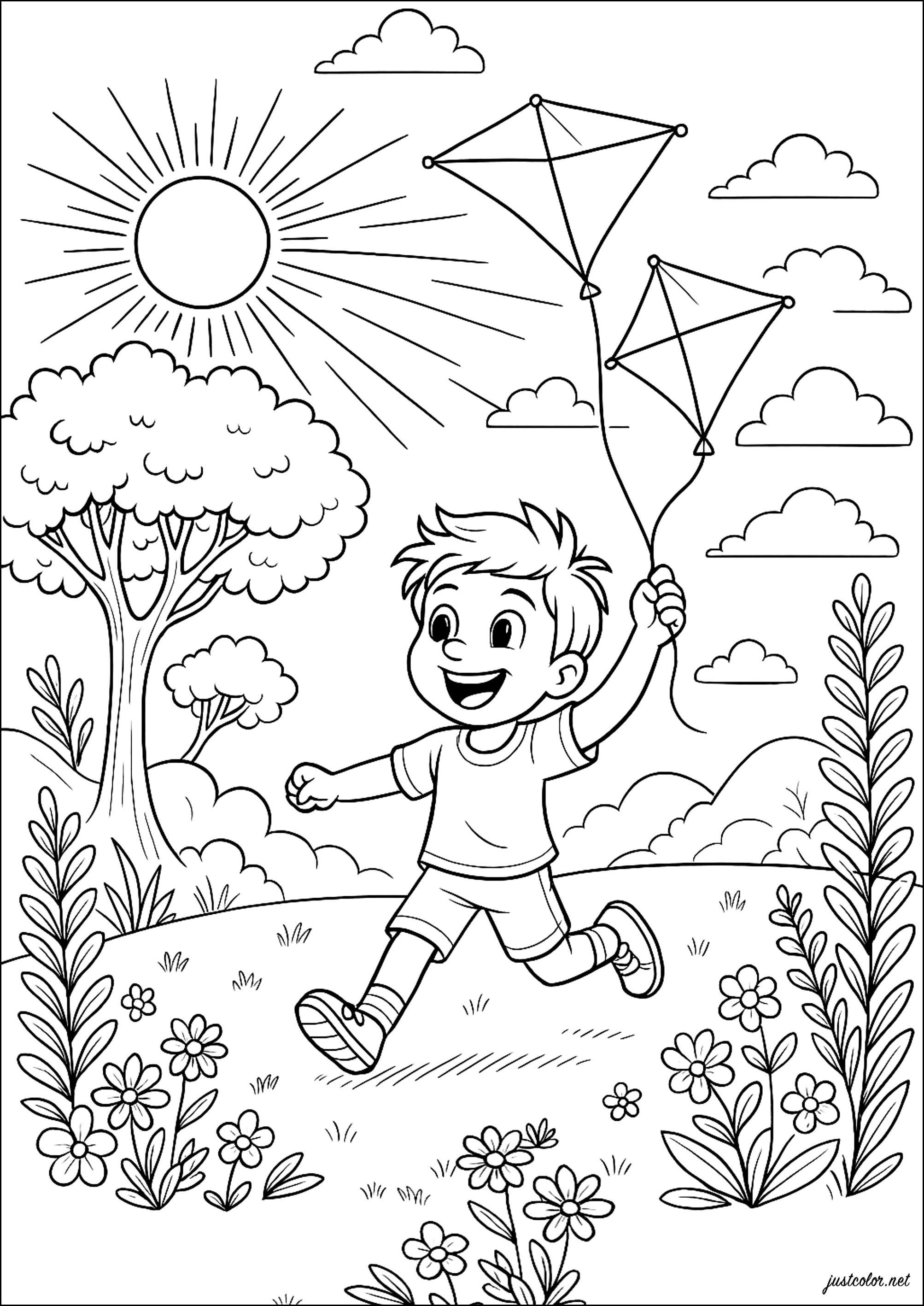 Kinder und Drachen (Ausmalbild von Urlaub Am Meer zum Ausdrucken und Ausmalen für Kinder)