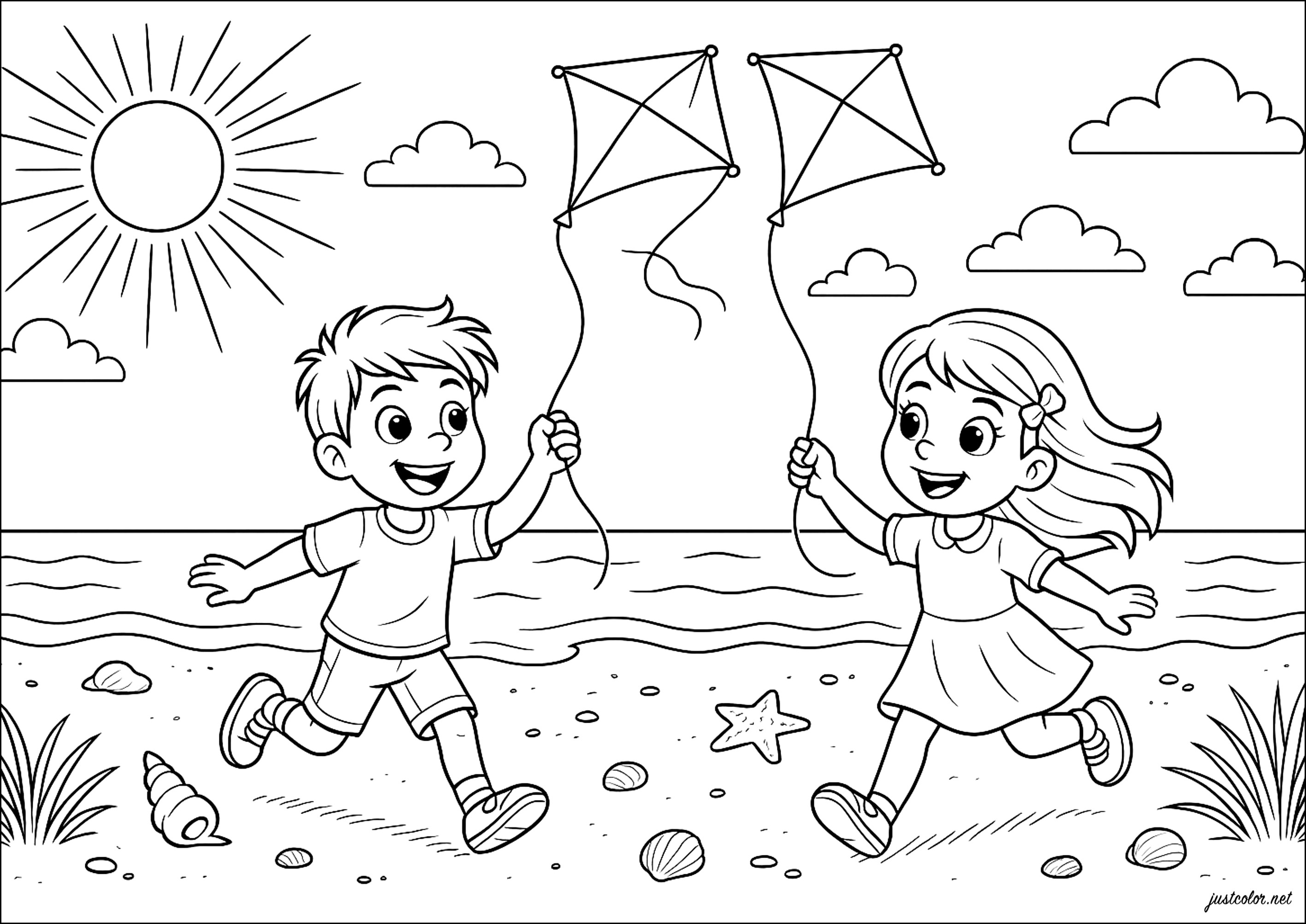 Sonniger Tag mit Drachen (Ausmalbild von Urlaub am Meer zum Ausdrucken und Ausmalen für Kinder)