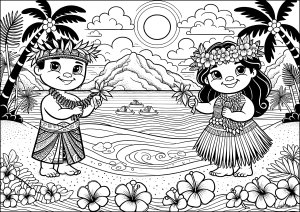 Feier an einem Strand in Polynesien (Ausmalbild von Urlaub am Meer)