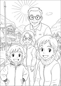 Sympathische Familie beim Wintersport (Ausmalbild von Urlaub am Meer)