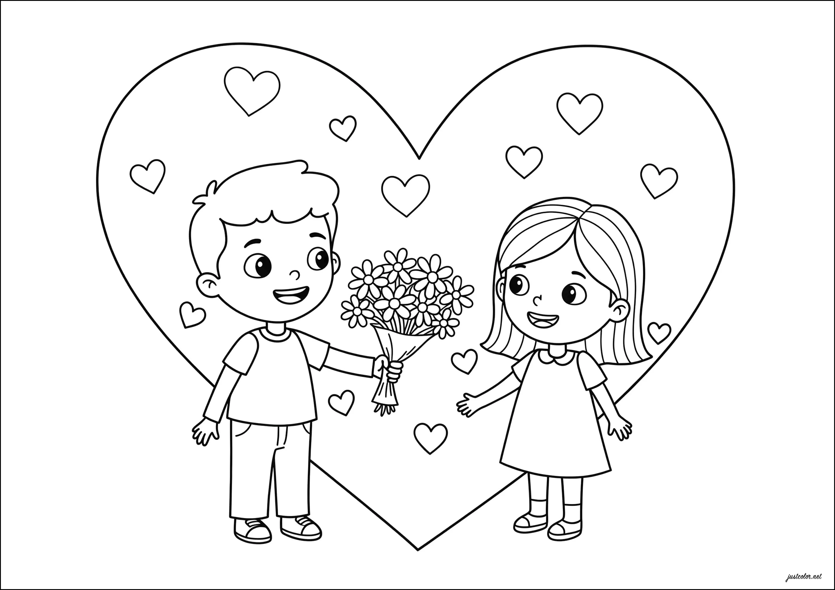 Kleiner Junge, der einem kleinen Mädchen Blumen schenkt, zum Valentinstag (Ausmalbild zum Ausdrucken und Ausmalen für Kinder)