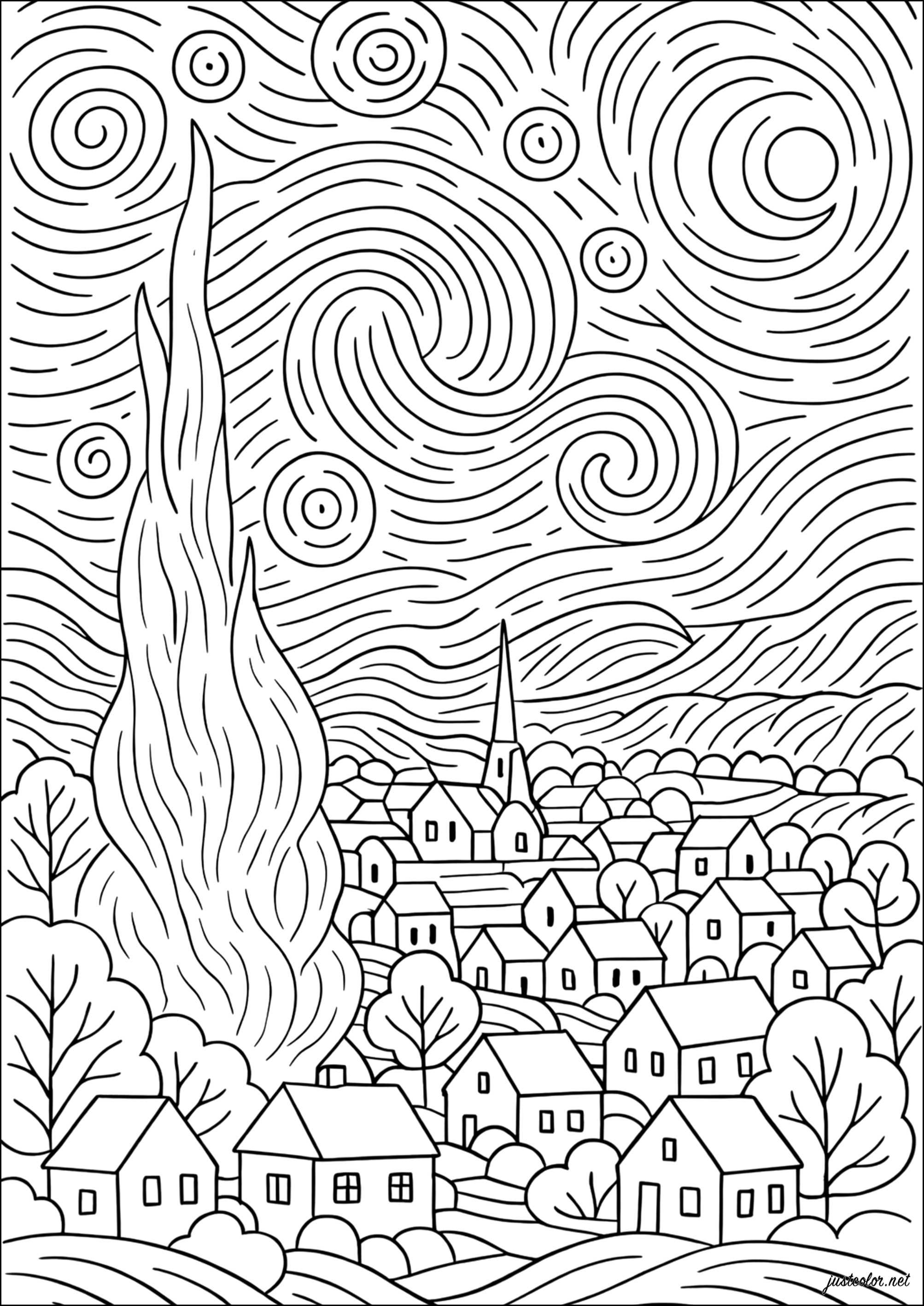 Sternennacht über dem Dorf (Ausmalbild von Van Gogh zum Ausdrucken und Ausmalen für Kinder)