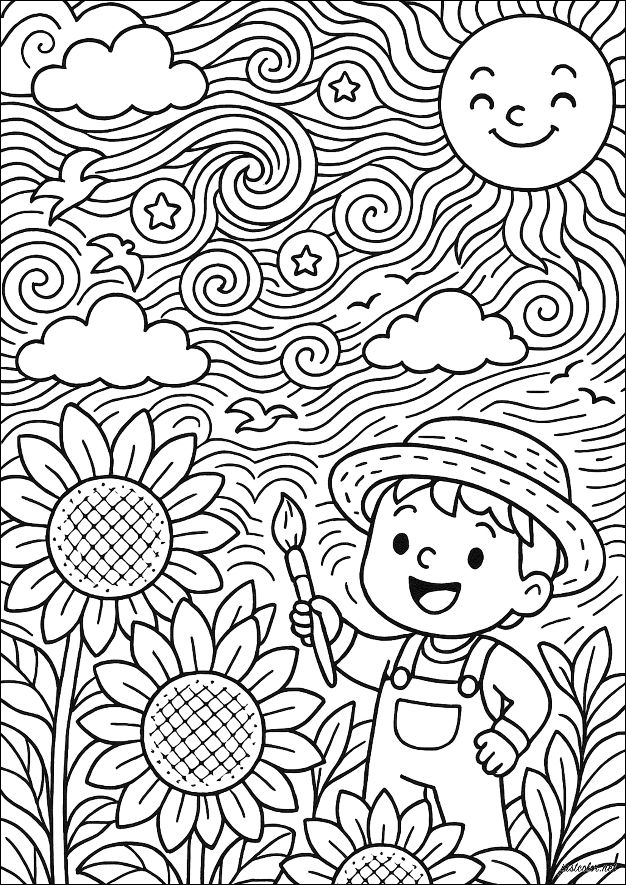 Sternennacht mit Magischen Sonnenblumen (Ausmalbild von Van Gogh zum Ausdrucken und Ausmalen für Kinder)