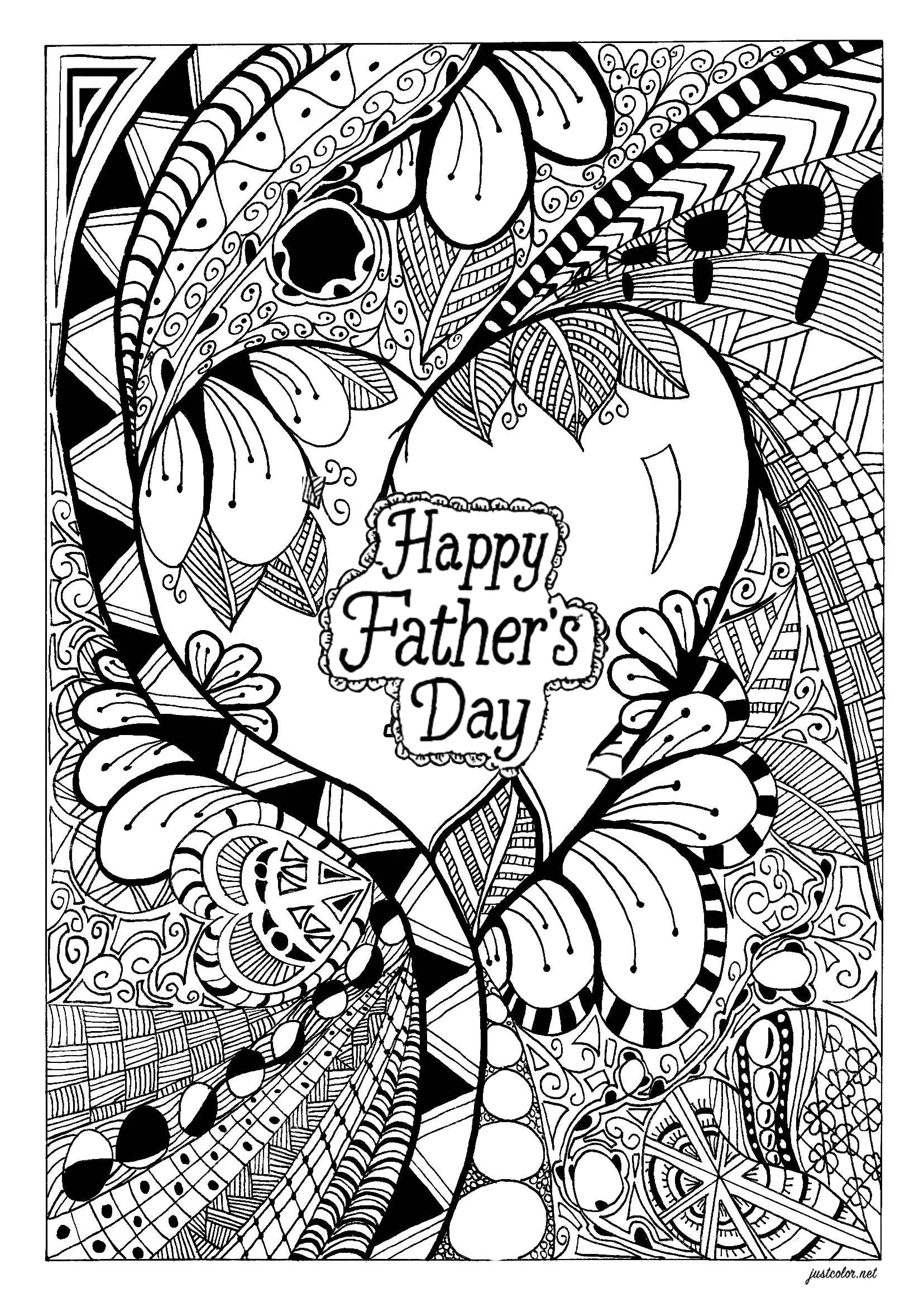 Ein Herz mit Zentangle-Muster für den Vatertag (Ausmalbild zum Ausdrucken und Ausmalen für Kinder)