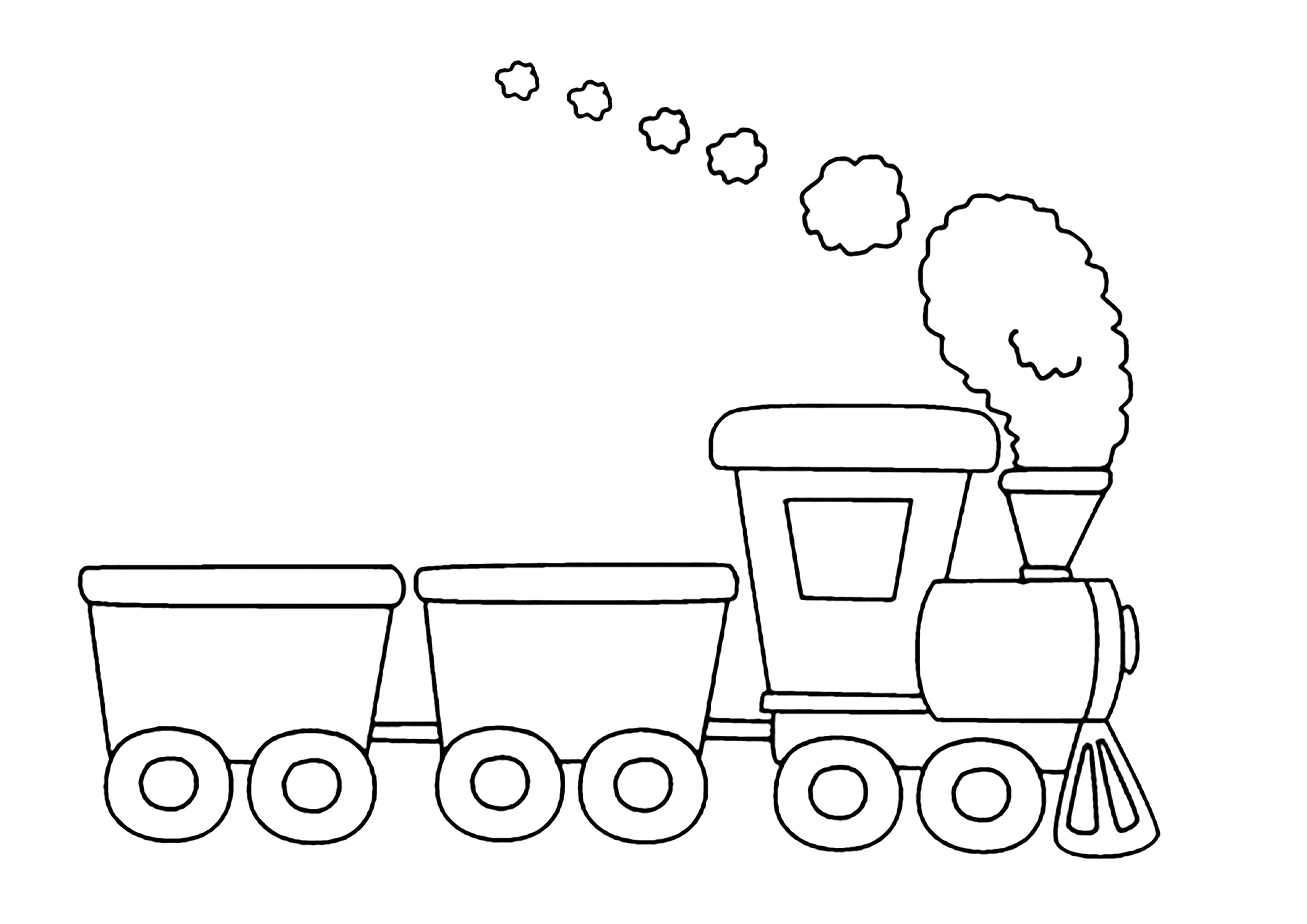 Dampfzug: eine Lokomotive und zwei Waggons. (Ausmalbild von Verkehrsmittel zum Ausdrucken und Ausmalen für Kinder)