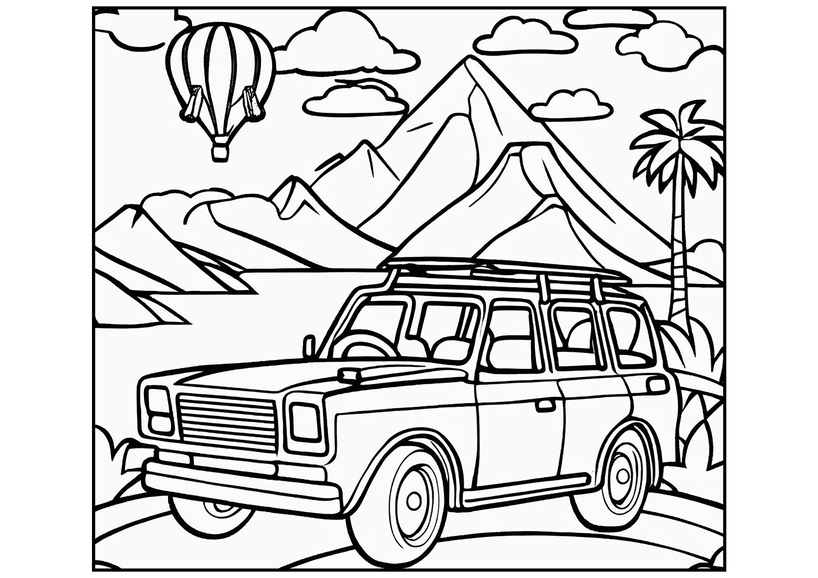 Ein Jeep mit Bergen und einem Heißluftballon im Hintergrund. (Ausmalbild von Verkehrsmittel zum Ausdrucken und Ausmalen für Kinder)