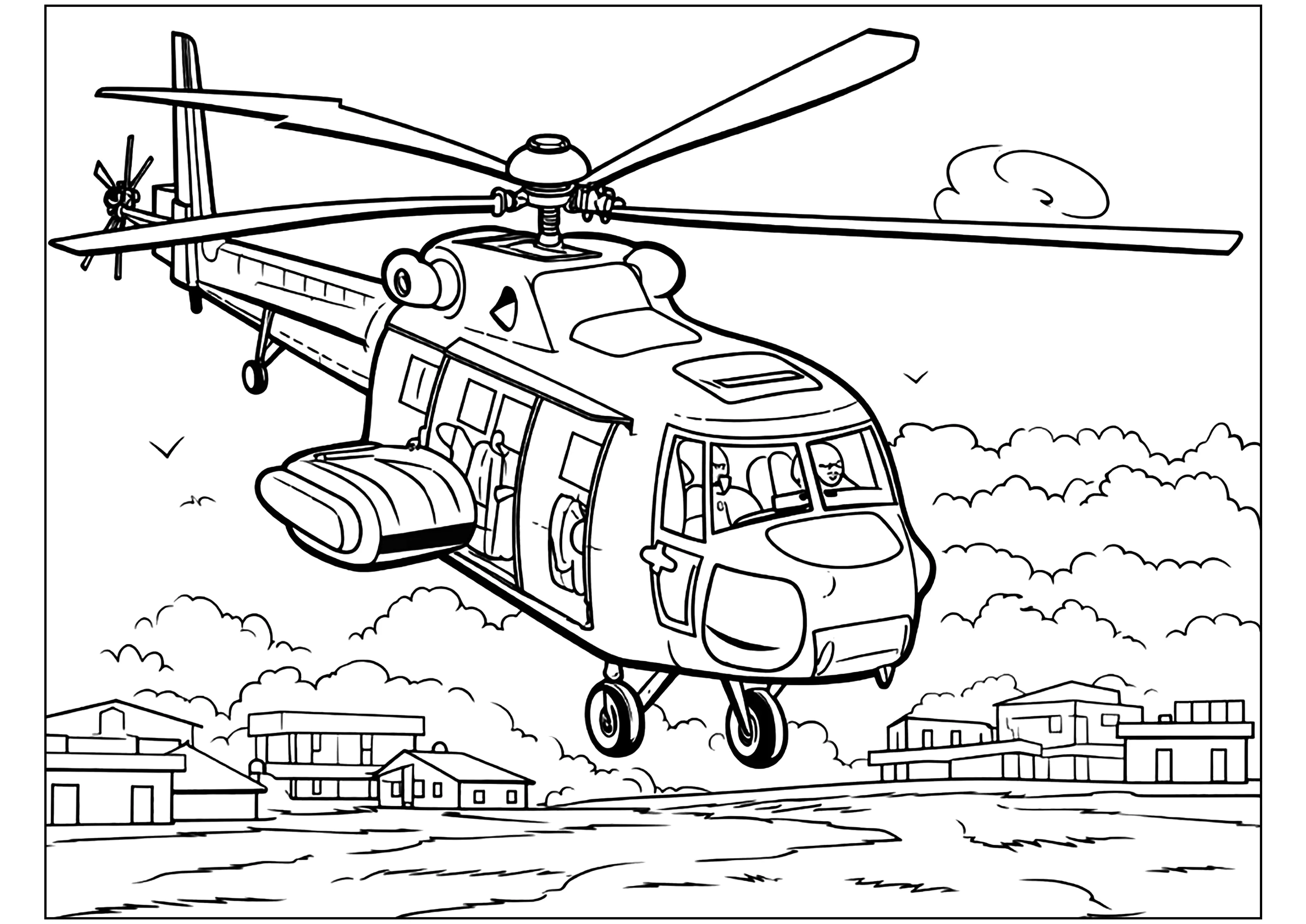 Militärhubschrauber beim Landen. (Ausmalbild von Verkehrsmittel zum Ausdrucken und Ausmalen für Kinder)