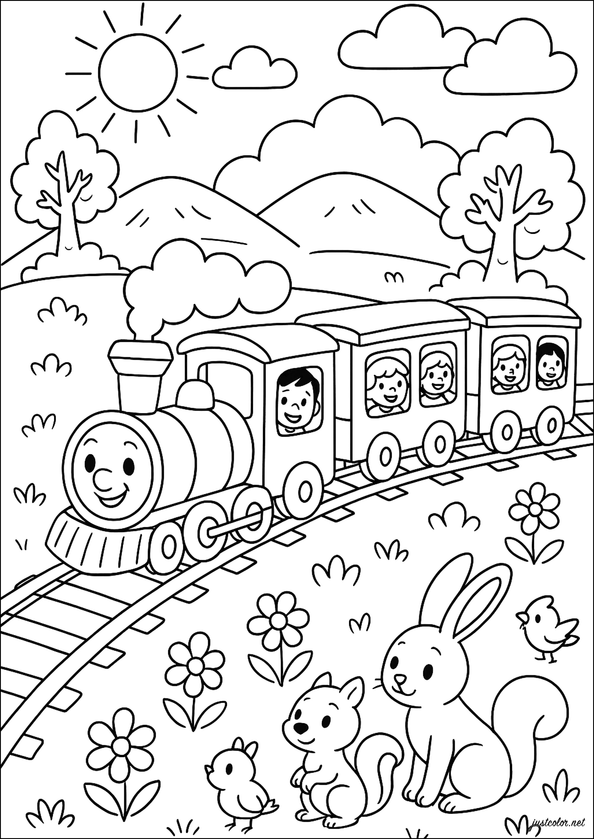 Reise mit dem Zug zwischen Freunden (Ausmalbild von Verkehrsmittel zum Ausdrucken und Ausmalen für Kinder)