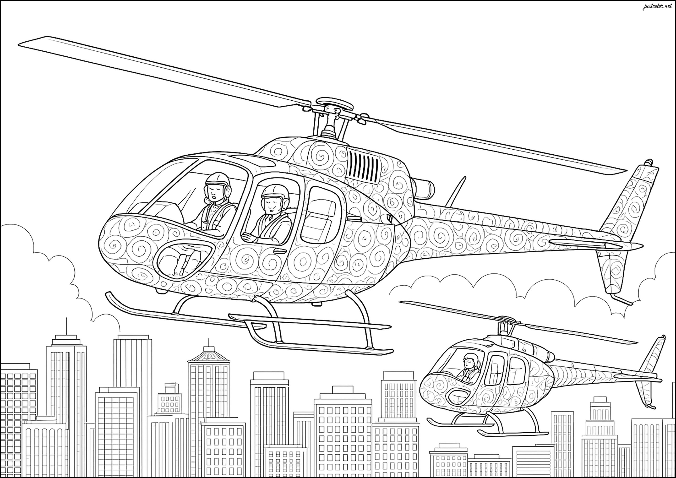 Zwei Hubschrauber fliegen über New York (Ausmalbild von Verkehrsmittel zum Ausdrucken und Ausmalen für Kinder)