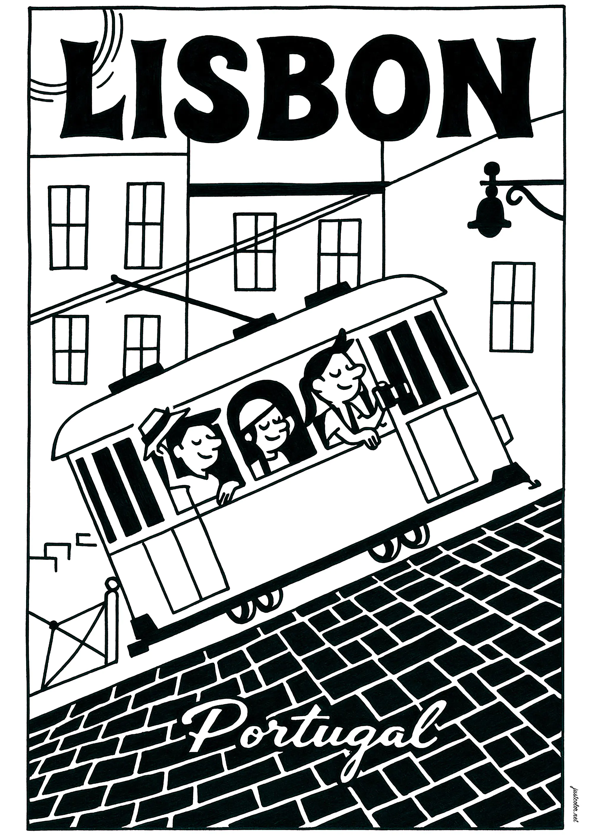 Die Straßenbahn in Lissabon (Ausmalbild von Verkehrsmittel zum Ausdrucken und Ausmalen für Kinder)