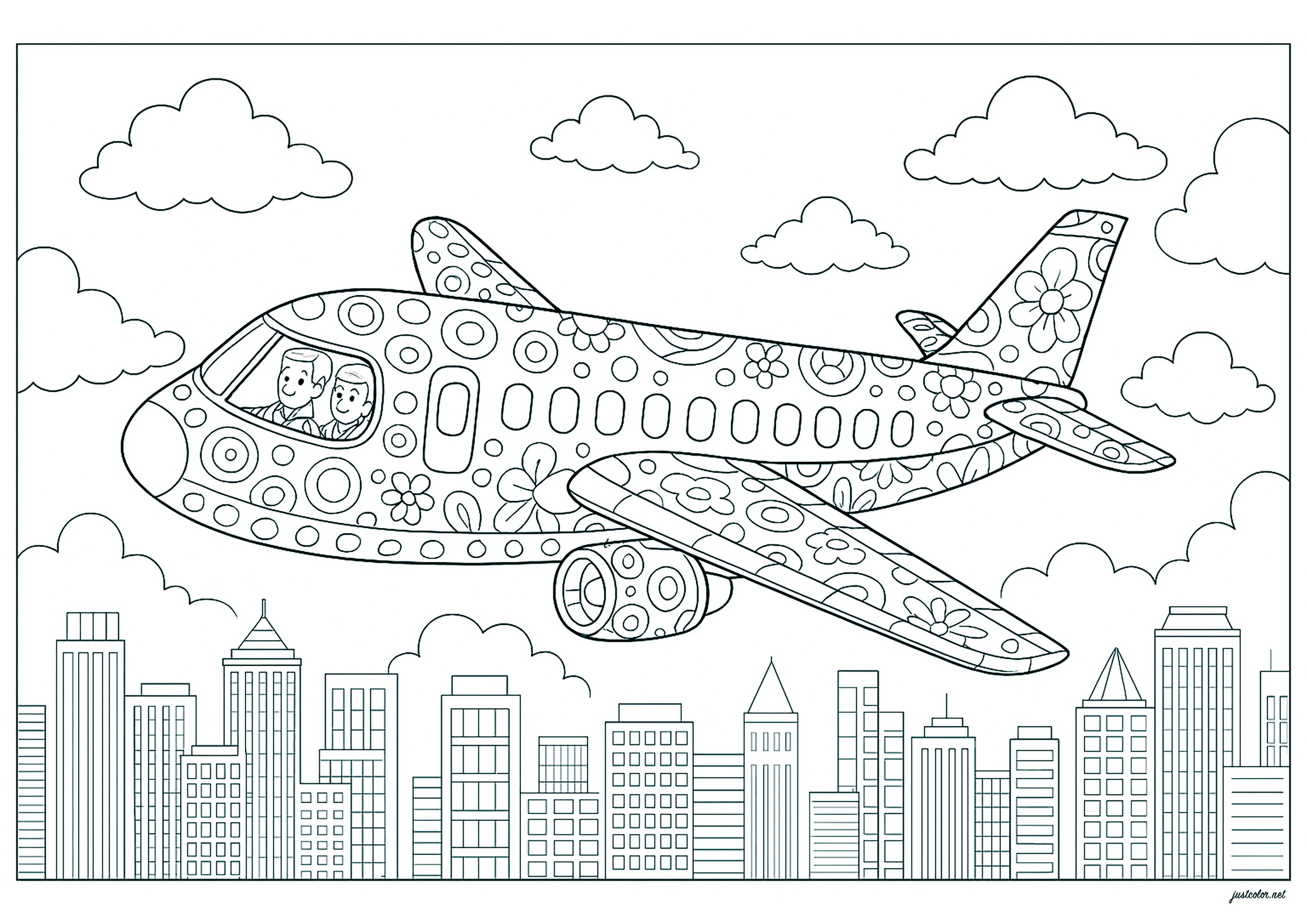 Flugzeug fliegt über eine Stadt voller Wolkenkratzer (Ausmalbild von Verkehrsmittel zum Ausdrucken und Ausmalen für Kinder)
