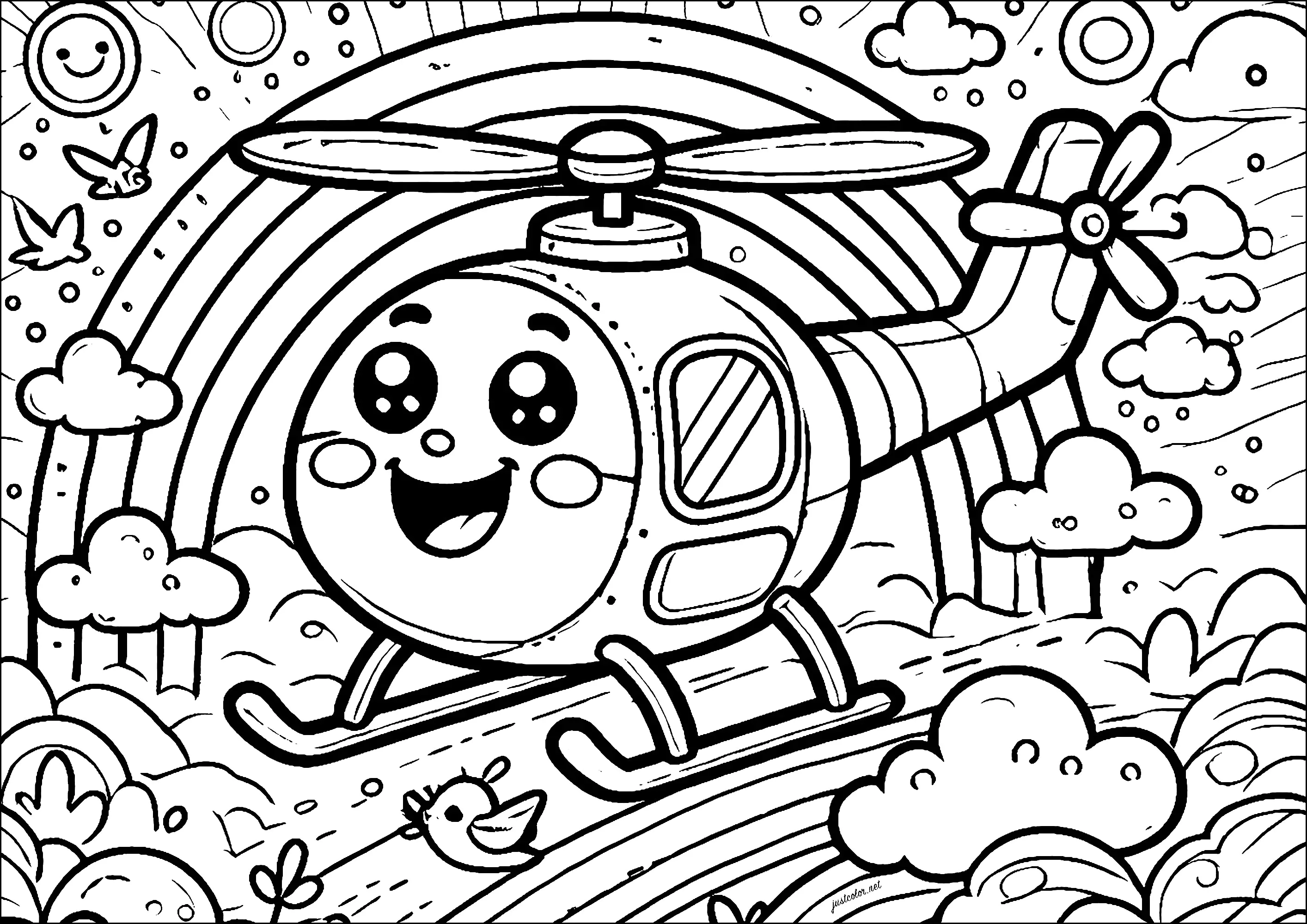 Helikopter mit einem lächelnden Gesicht (Ausmalbild von Verkehrsmittel zum Ausdrucken und Ausmalen für Kinder)