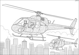 Zwei Hubschrauber fliegen über New York (Ausmalbild von Verkehrsmittel)
