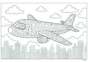Flugzeug fliegt über eine Stadt voller Wolkenkratzer (Ausmalbild von Verkehrsmittel)
