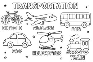 6 Transportmittel (Texte auf Englisch) (Ausmalbild von Verkehrsmittel)