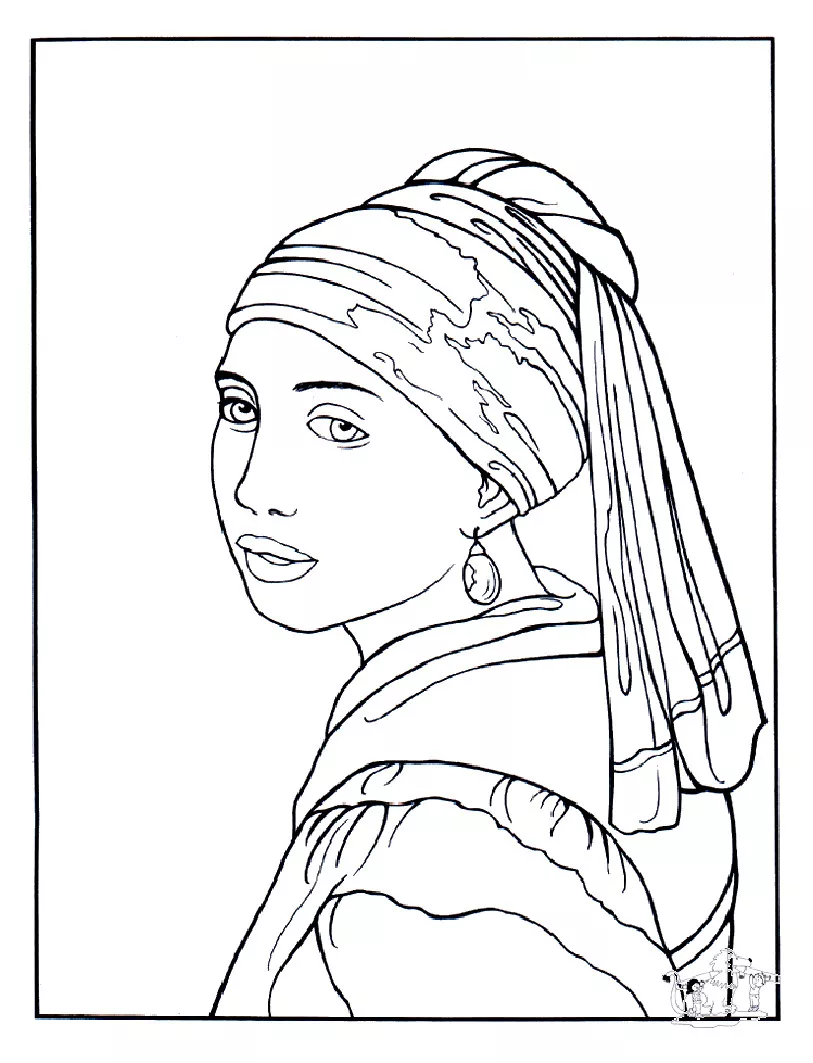 Vermeer: Das Mädchen mit dem Perlenohrring (Ausmalbild zum Ausdrucken und Ausmalen für Kinder)