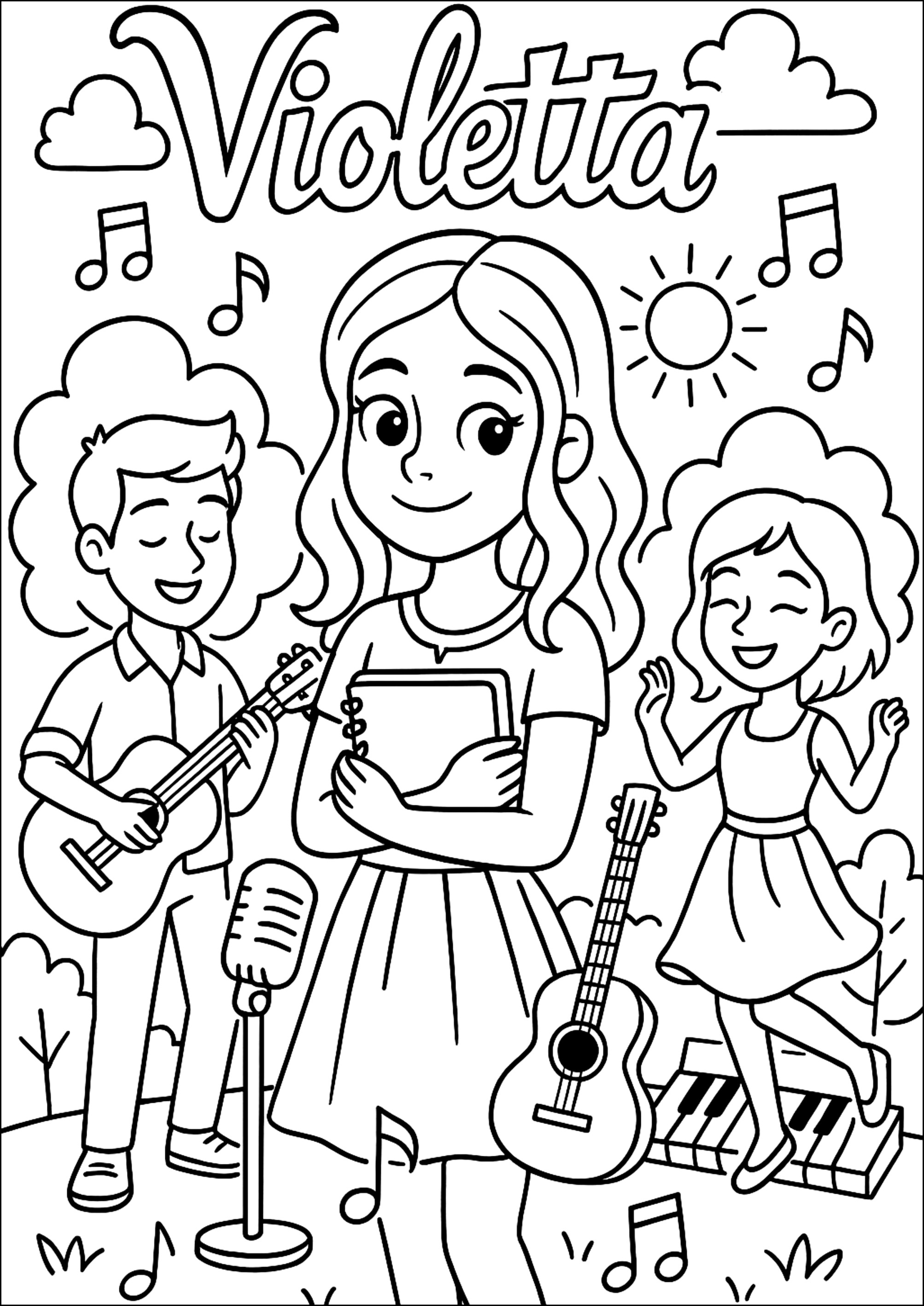 Violetta und ihre Musikerfreunde (Ausmalbild zum Ausdrucken und Ausmalen für Kinder)