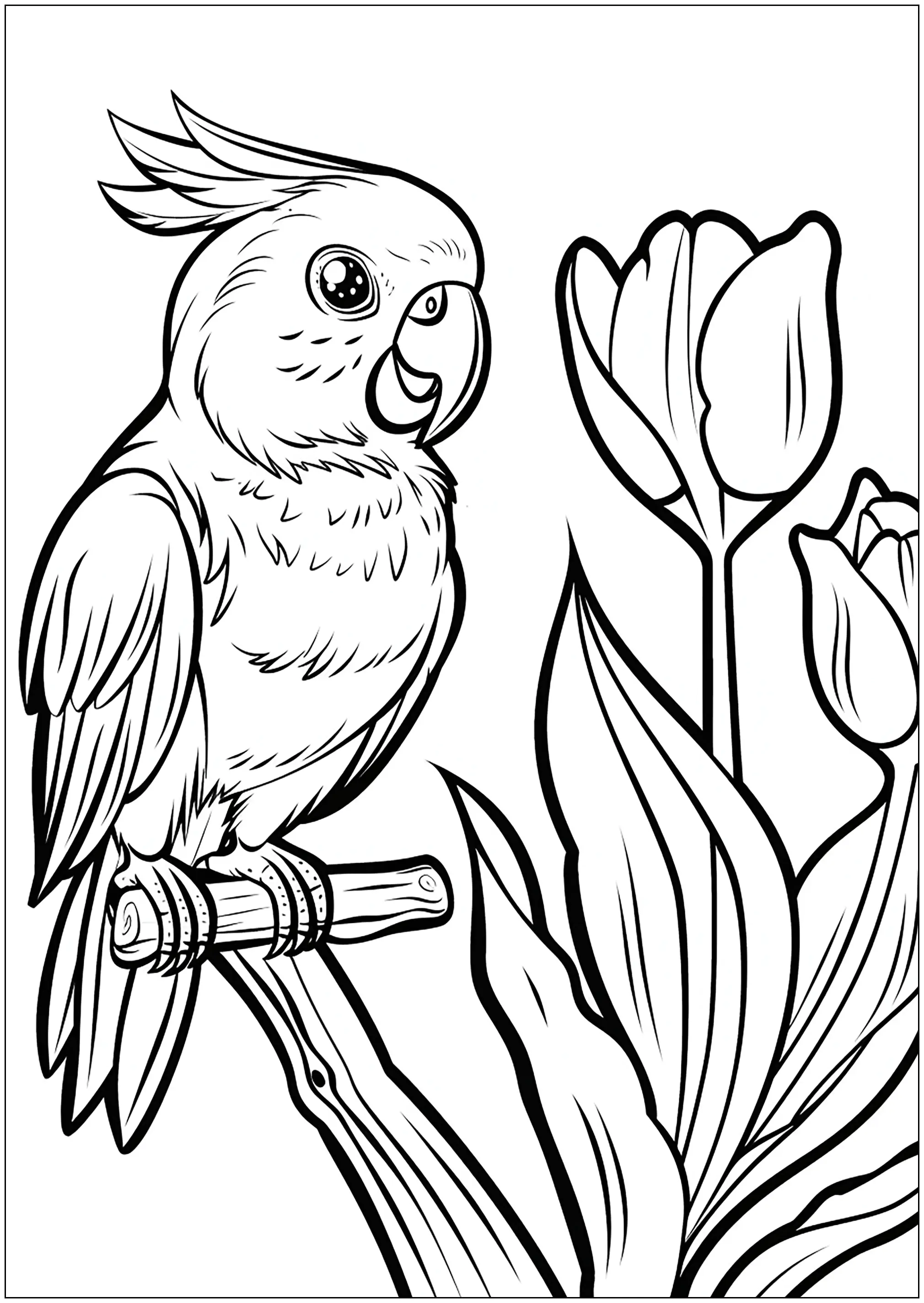 Kleiner Papagei und Tulpen (Ausmalbild von Vögel zum Ausdrucken und Ausmalen für Kinder)