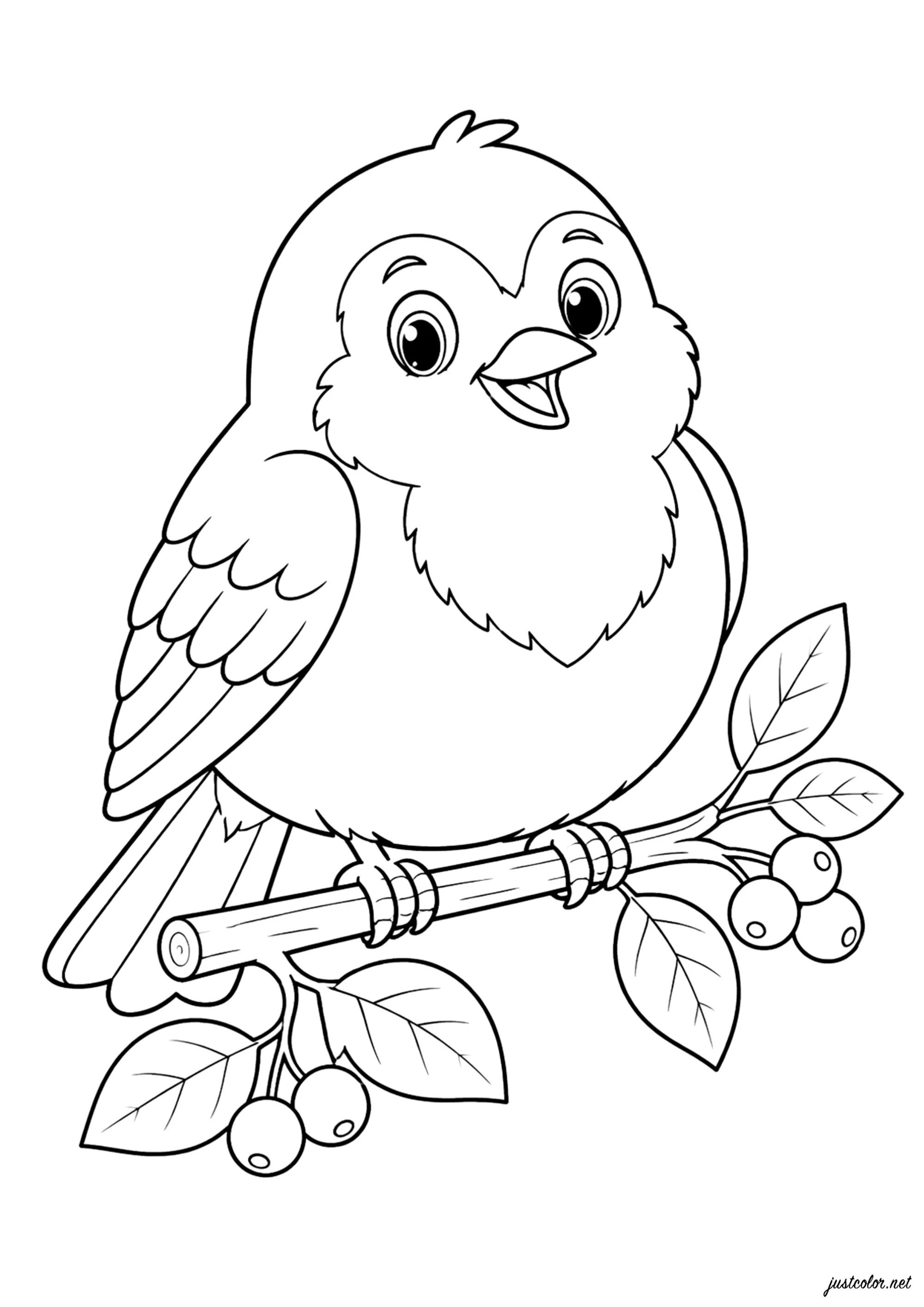 Kleiner fröhlicher Vogel auf Ast (Ausmalbild zum Ausdrucken und Ausmalen für Kinder)